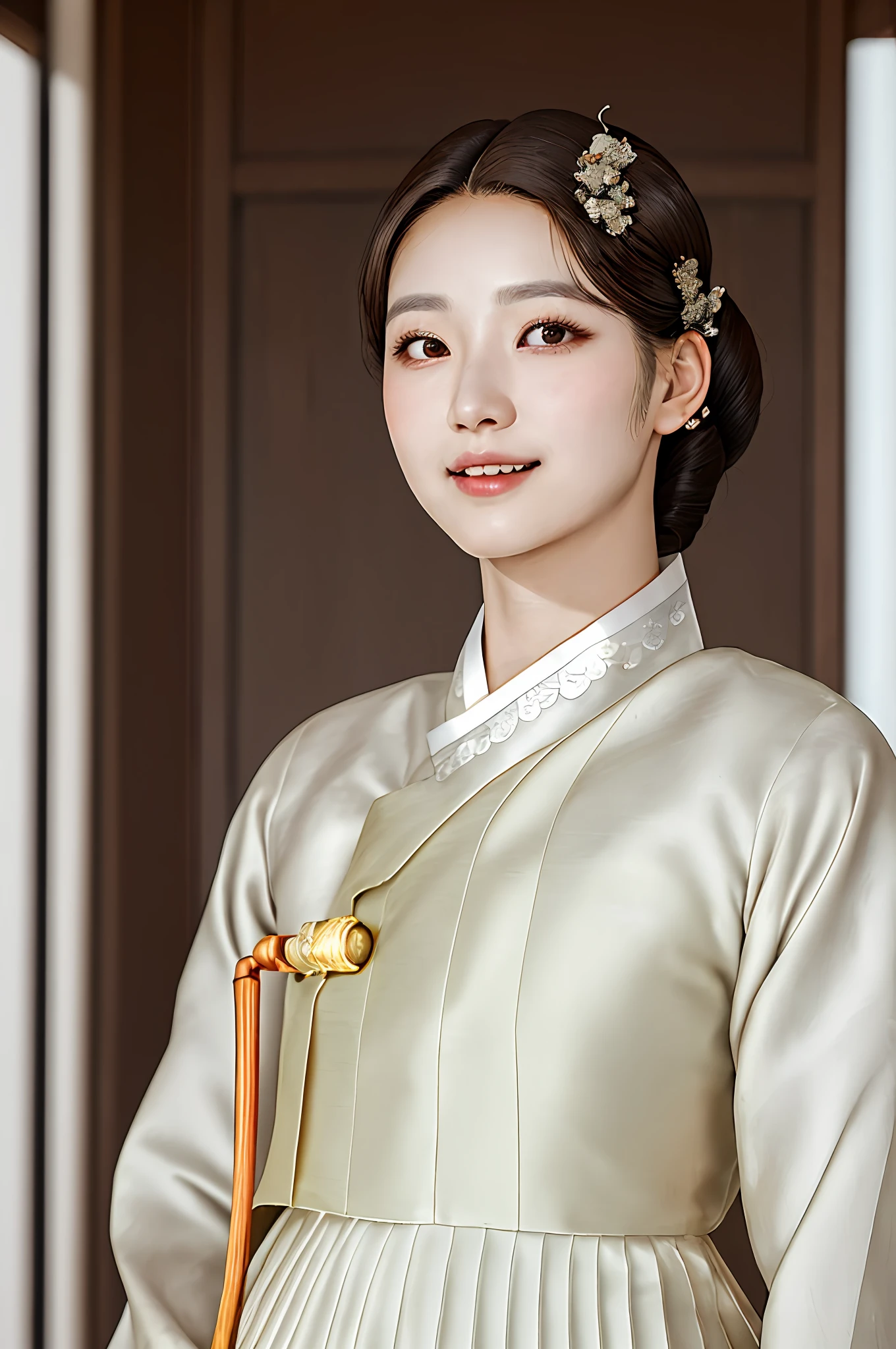 1woman,, deep eyes, (black eyes:1.2), {short eyelashes}, detailed shoulder hair, (dark brown hair:1.1), (very realistic:1.2), (close-up photo:0.8), (complex:1.2), (looking at camera:1.2), white hanbok, smile, realistic face, perfectly proportioned face, natural makeup, sharp focus, wooden door background, hairpin, side view,