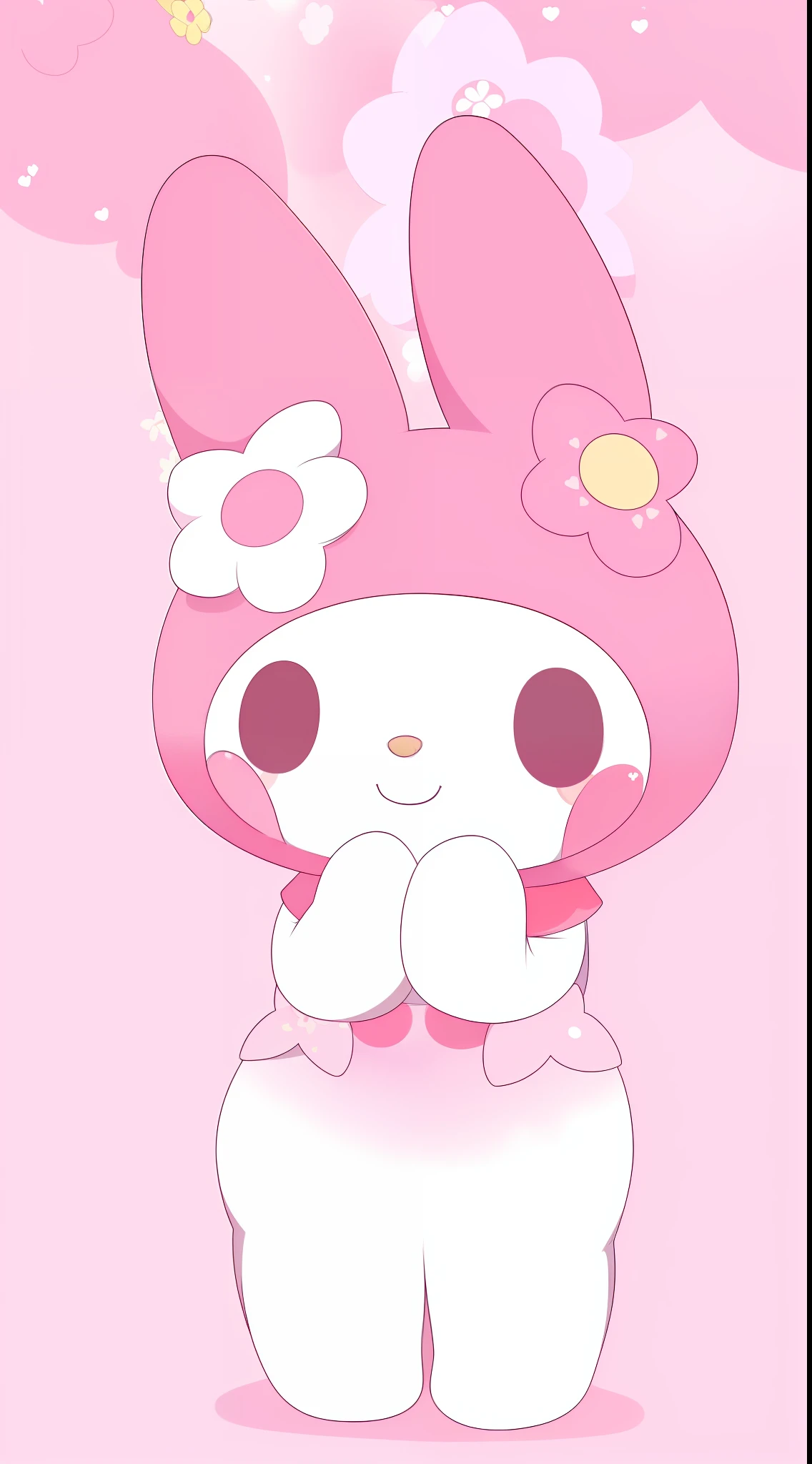 "(Cute:1.2|Kawaii:1.3|chibi:1.4),(bunny:1.2),((1girl)),(solo),(floral,twilight background),flat colors, My melody