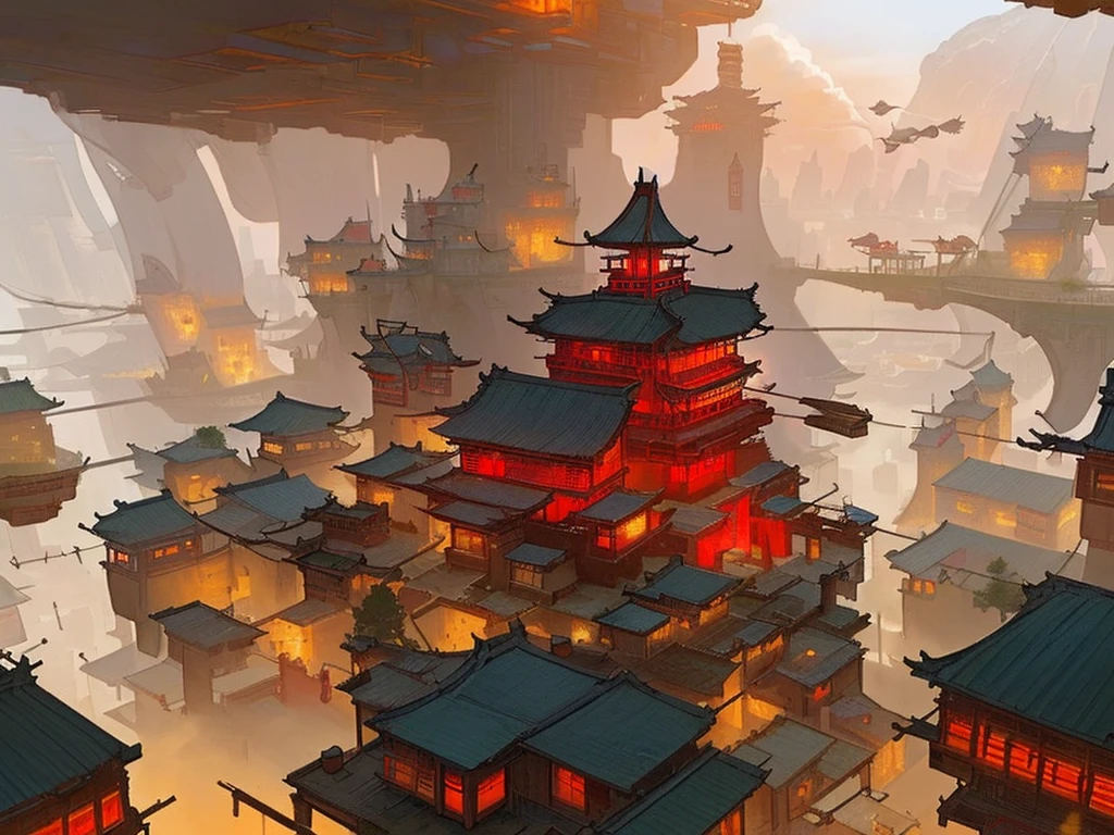 arafed view of a village with a lot of lights on the buildings,Color (Fantasy: 1.2), (cyberpunk chinese ancient castle,), (irregular red building floating on the cloud), patchwork cottages, flower decorations, lights, chinese city, (sky city), ross tran, light shafts, realistic lighting, masterpiece, high quality, beautiful graphics, high detail, masterpiece, high quality, beautiful graphics, high detail, --v6, flying birds in the sky, unreal engine 5,Deep Valley in the Middle