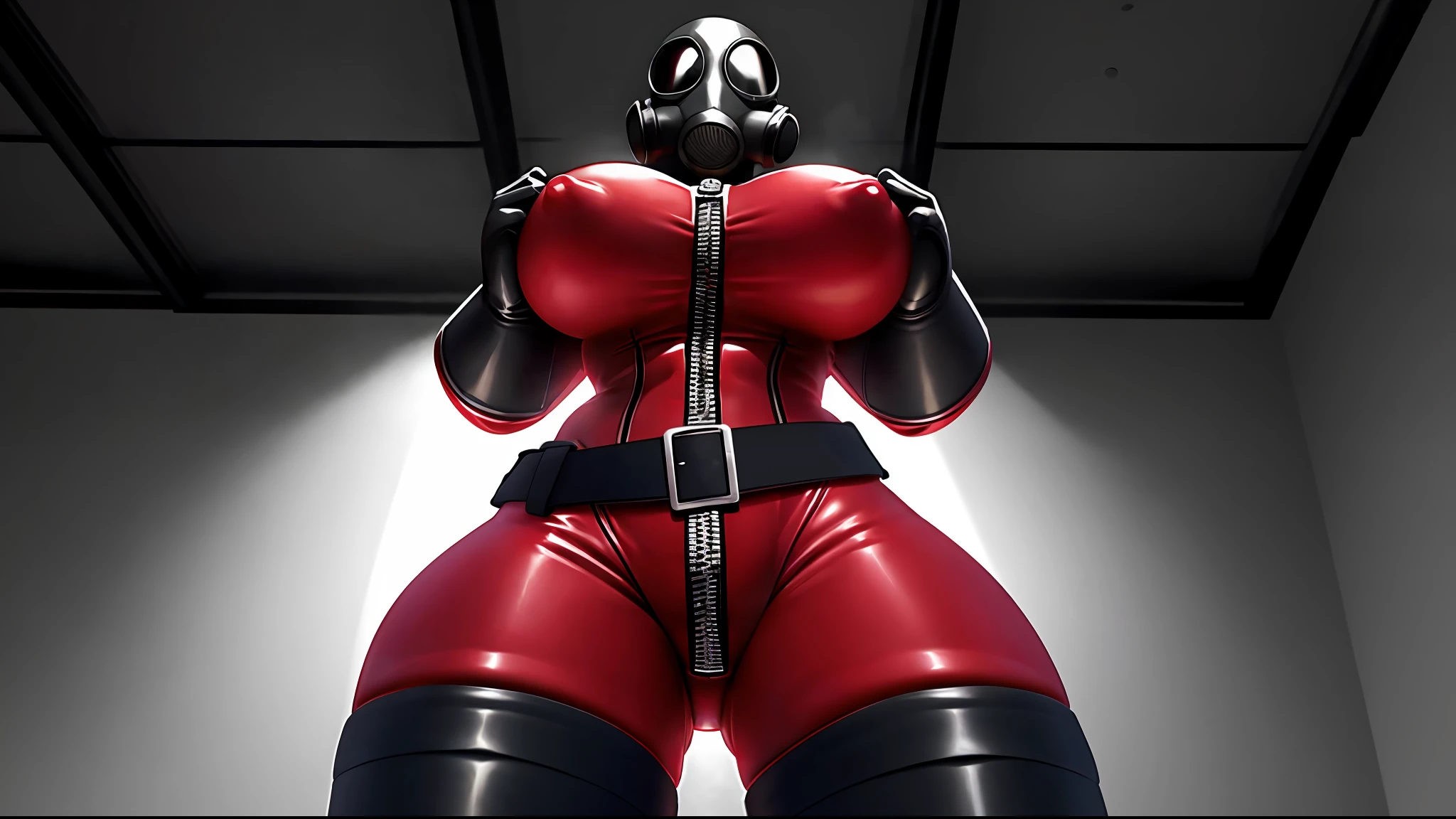 (black gas mask), mask, gloves, thighhighs, belt, harness, boots, ((red bodysuit)) , skin tight, zipper, high detail, high resolution, raw photo, gray background, 1girl, solo, big breasts, high quality, hi res, sharp, good lighting, detailed body, detailed shadows, detailed, realistic, low angle, worm eye view, nipple outline, hands on breasts