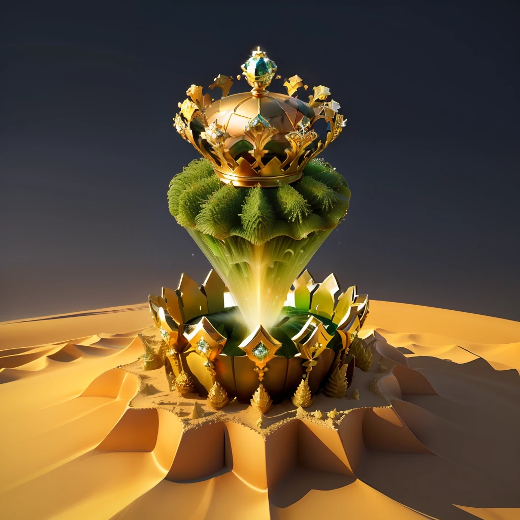 An anthill in the shape of a crown made of sand and grass, there is a green diamond in the center of the crown, accompanied by fireworks, 3d, fantasy-variation -