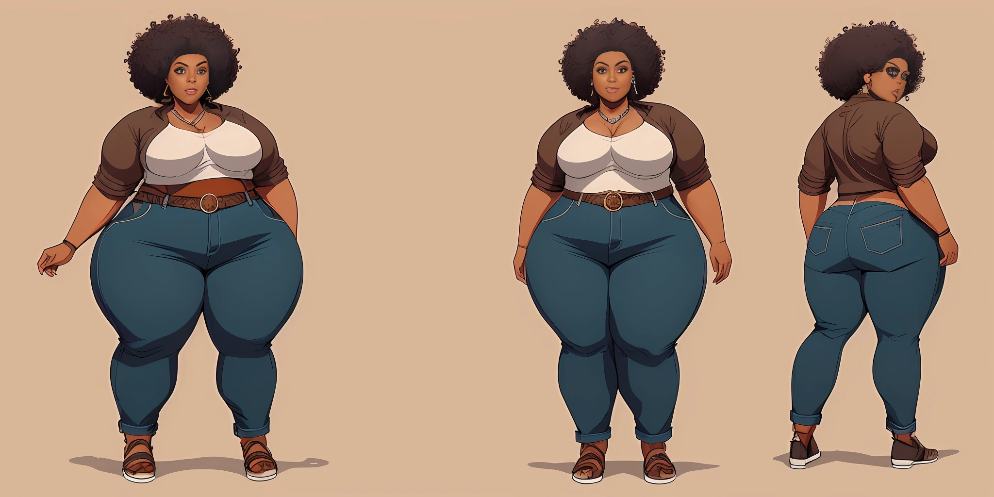 Twist, sketches of an overweight woman, realistic, poor woman, (((face with afro features)))), ((brown skin)), wide hips, wide back, wearing light jeans, ((street art style)), ripped jeans and leather sandals, handmade handbag, handmade earrings, highlighted dark hair, ((curly hair)), localized fat, ((((wide waist)))), (front pose), (side pose), (back pose), (character sheet),  high quality character design, character design art, artstation art, highly detailed character design, comic book drawing concept art, comic art, character design, professional character design, character design concept art, concept art illustration, colorful concept art, character concept art, stylized character design,  [character design]