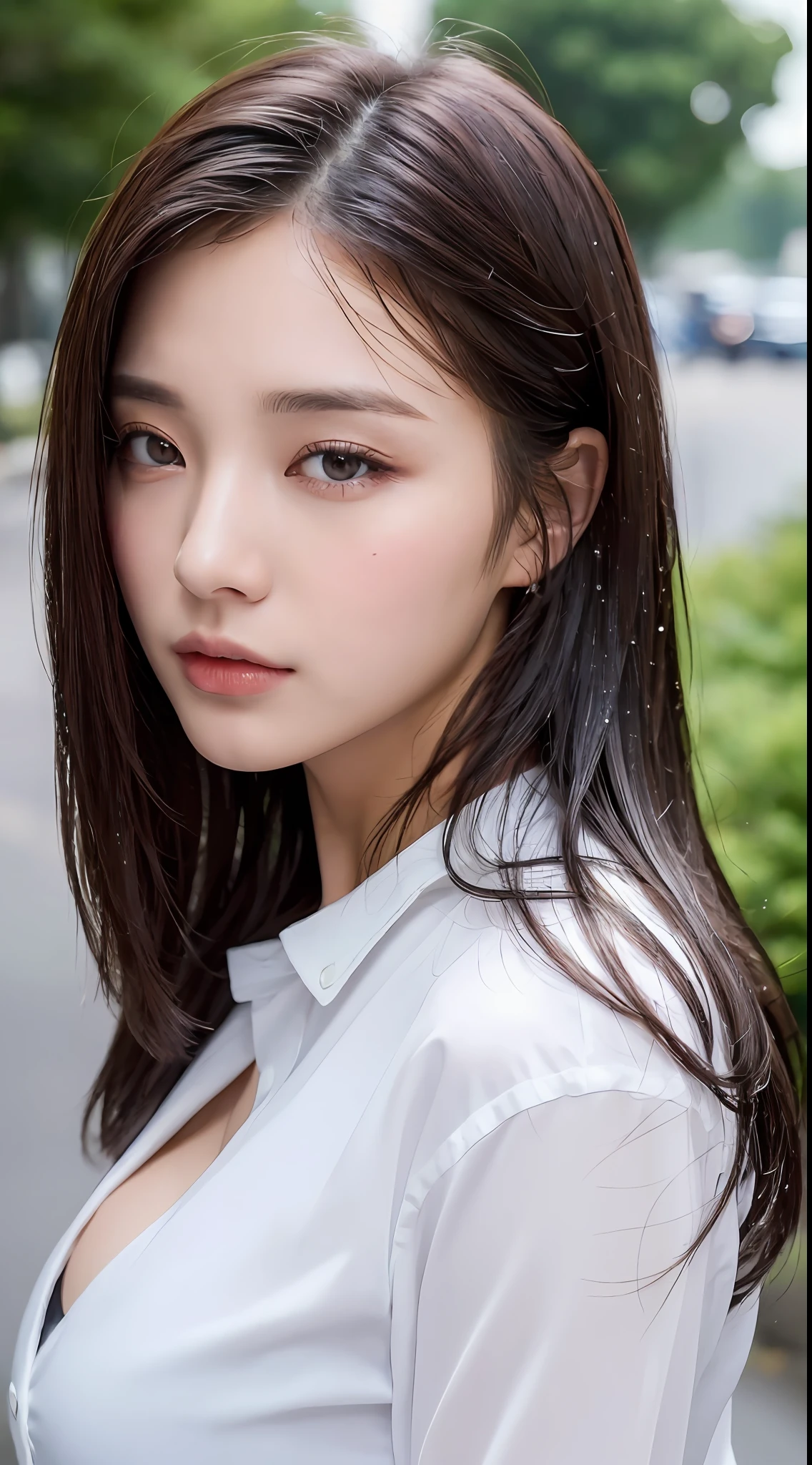 ((Best Quality, 8K, Masterpiece: 1.3)), Sharp: 1.2, Perfect Body Beauty: 1.4, Slim Abs: 1.2, ((Layered Hairstyle, Big Breasts: 1.2)), (Wet White Button Long Shirt: 1.1), (Rain, Street: 1.2), Wet: 1.5, Highly detailed face and skin texture, detailed eyes, double eyelids, side face looking at the camera