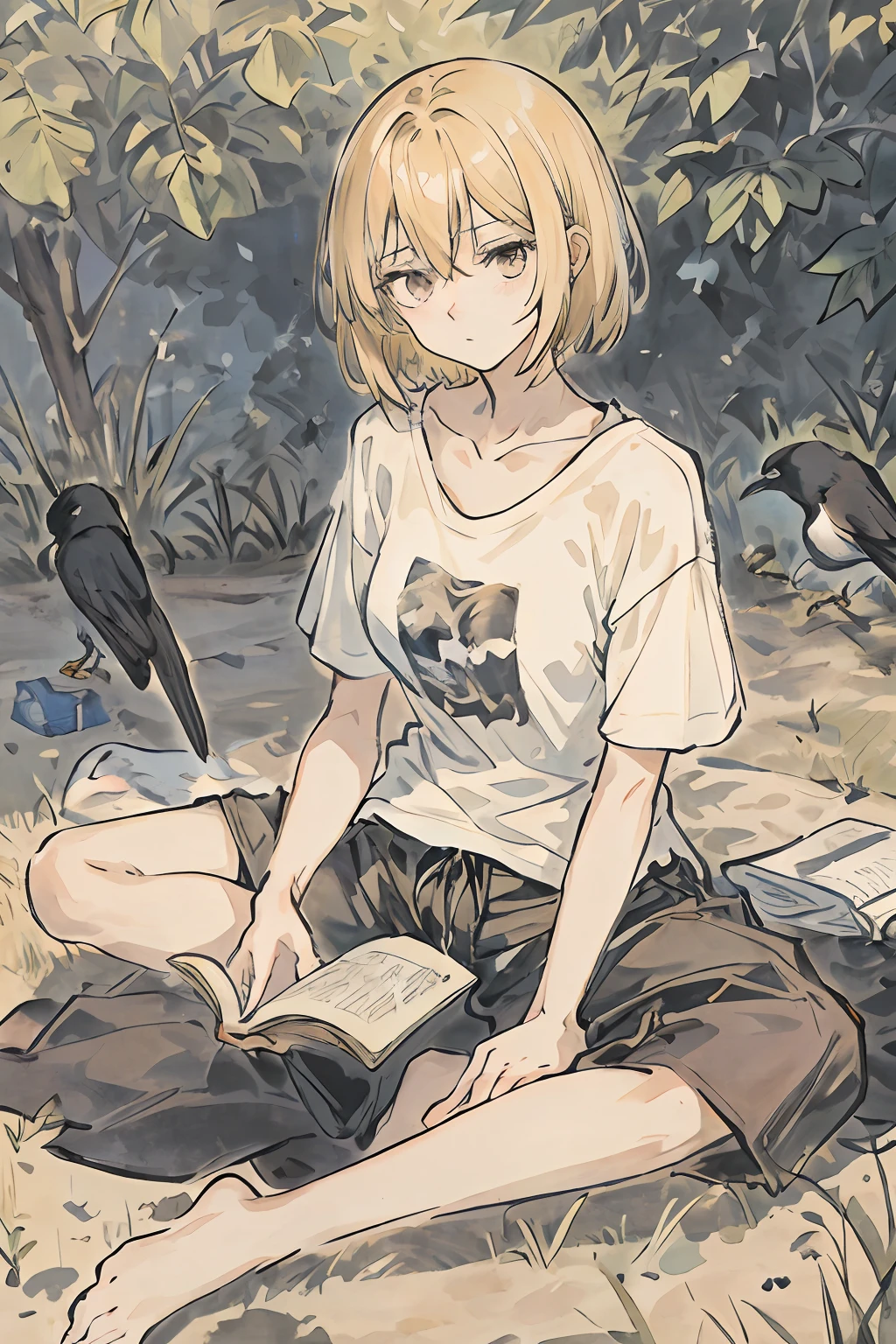 Photo of a beautiful female, reading books , oversized t-shirt, sitting,black shorts pant, blonde short hair, slender body, sleepy,spread legs, outside,birds ,