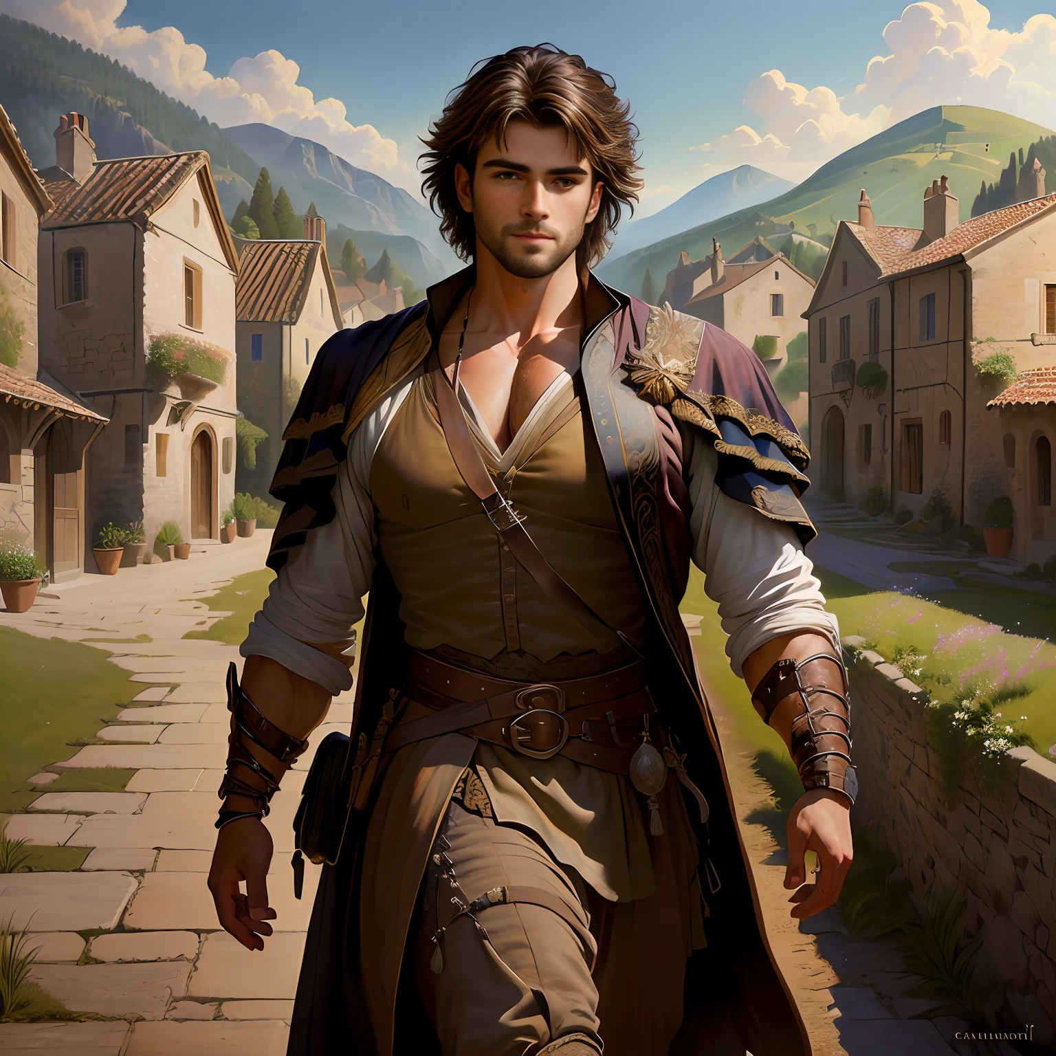 Hyper realistic painting of a chiseled handsome man in the style of Giorgio Dante, Rembrandt, and Caravaggio, looking at the viewer, full body, dramatic lighting, tumblr, fantasy art, very masculine, strong and handsome, small village in the countryside as the background.