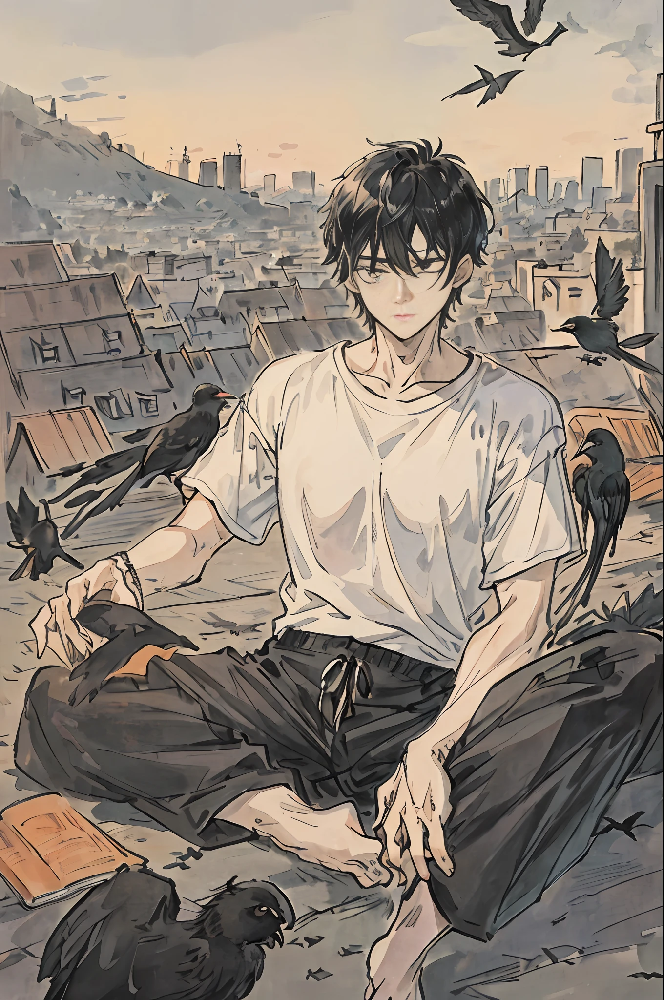 Photo of a beautiful male, reading books , oversized t-shirt, sitting,black pant,dark short hair, slender body, sleepy,spread legs, outside,birds ,hill,city landscape, Hyper detailed