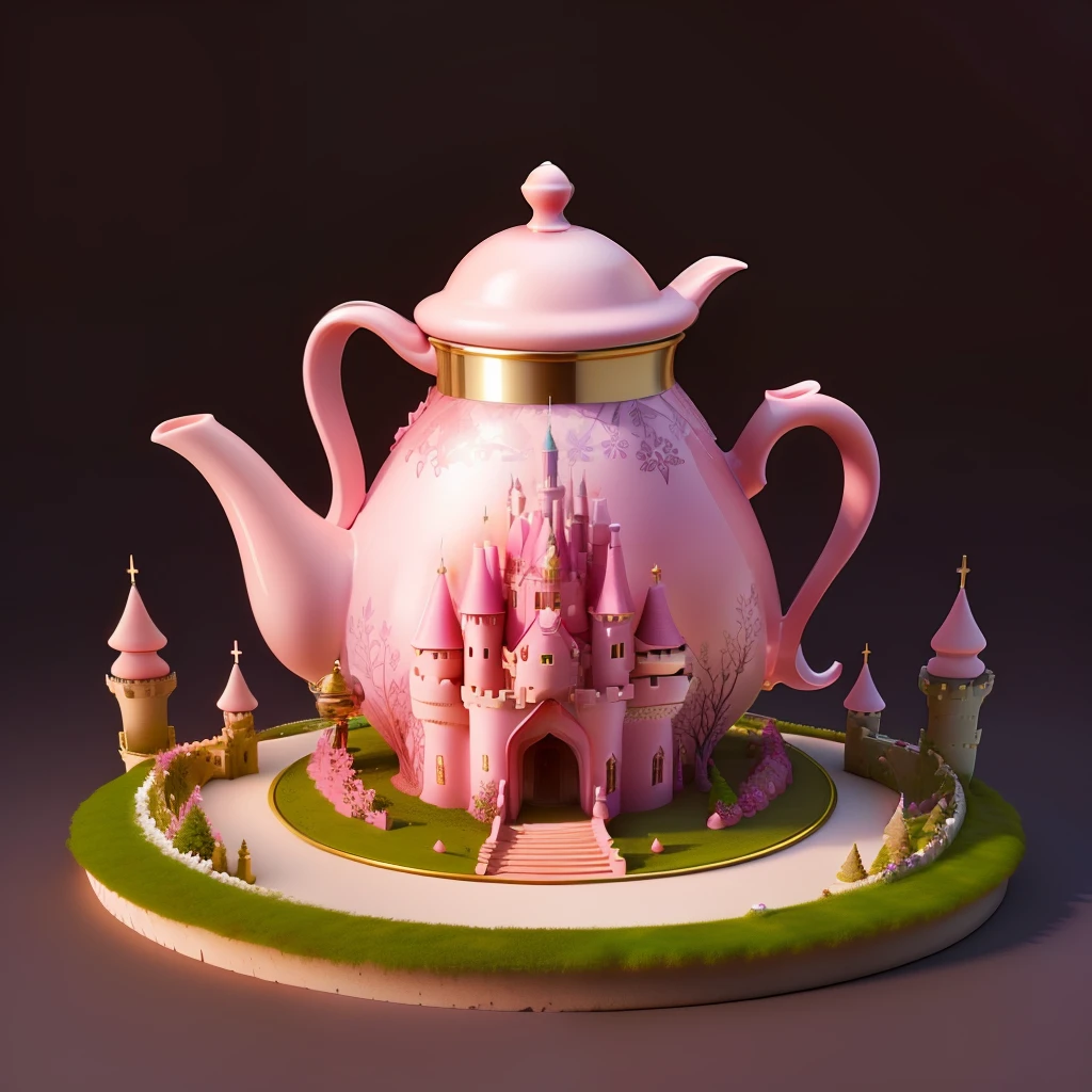 an anthill made from castle with teapot design,in fairyland,pink color,flower,shiny jade,3D,fantasy,upscales