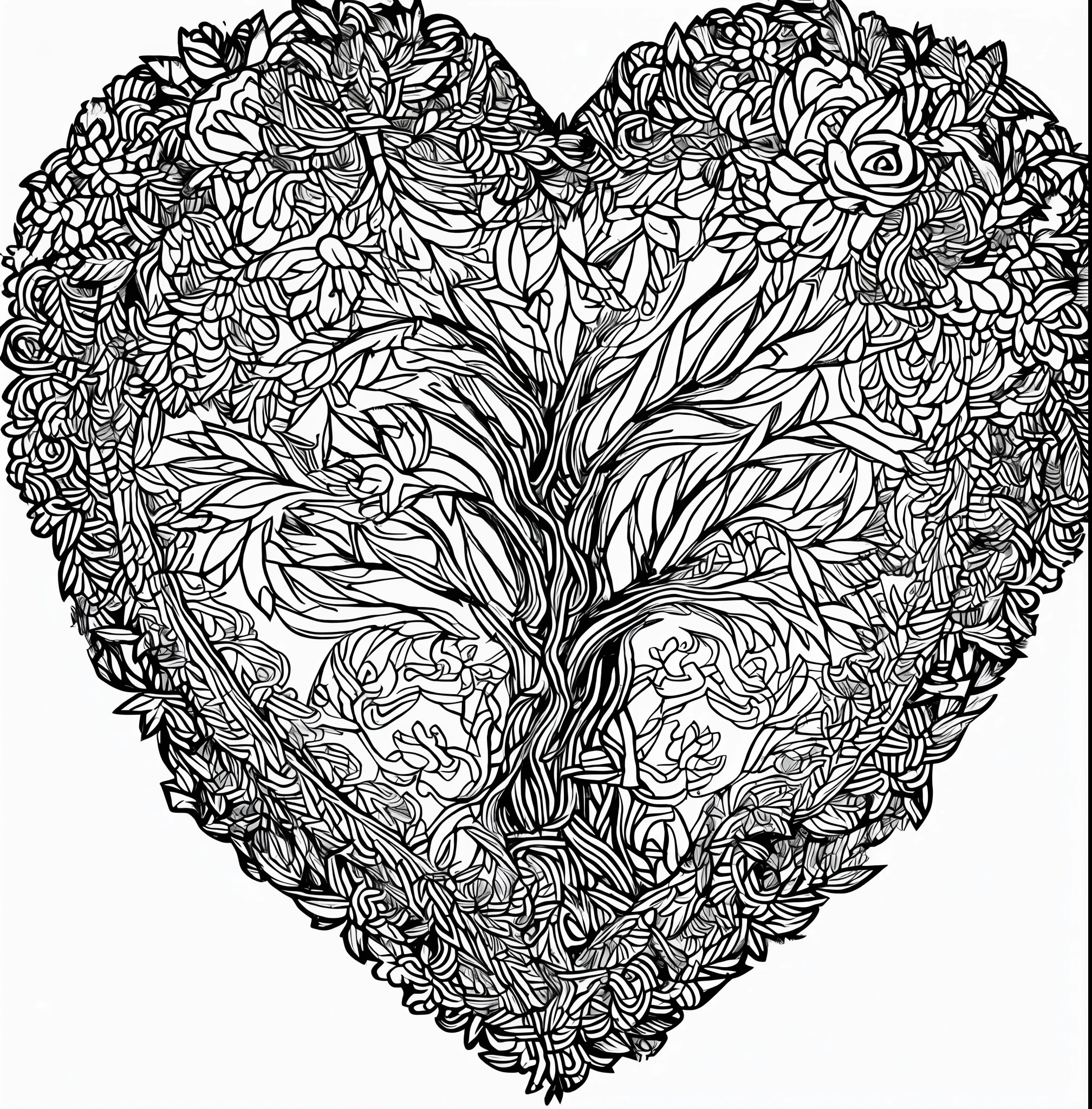 a coloring page with a tree made of roses and tulips and daisies out of the heart, in the shape of a heart, Celtic inspiration, line art illustration, coloring book sketch, coloring pages, clean coloring book page, elegant forest drawing, coloring pages, intricate detailed illustration, intricate line drawing, coloring book page, hand drawn illustration, intricate illustration, detailed illustration