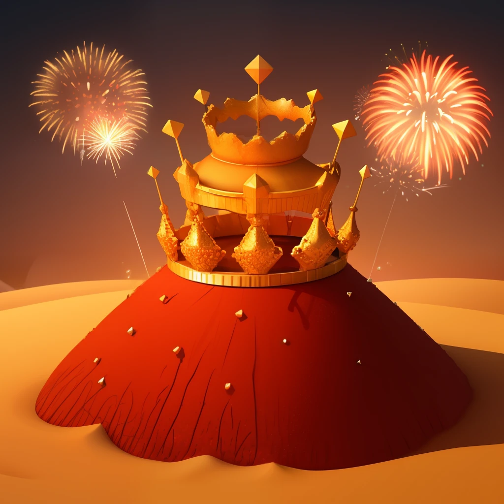 An anthill in the shape of a crown made of sand and grass, there is a red diamond in the center of the crown, accompanied by fireworks, 3d, fantasy