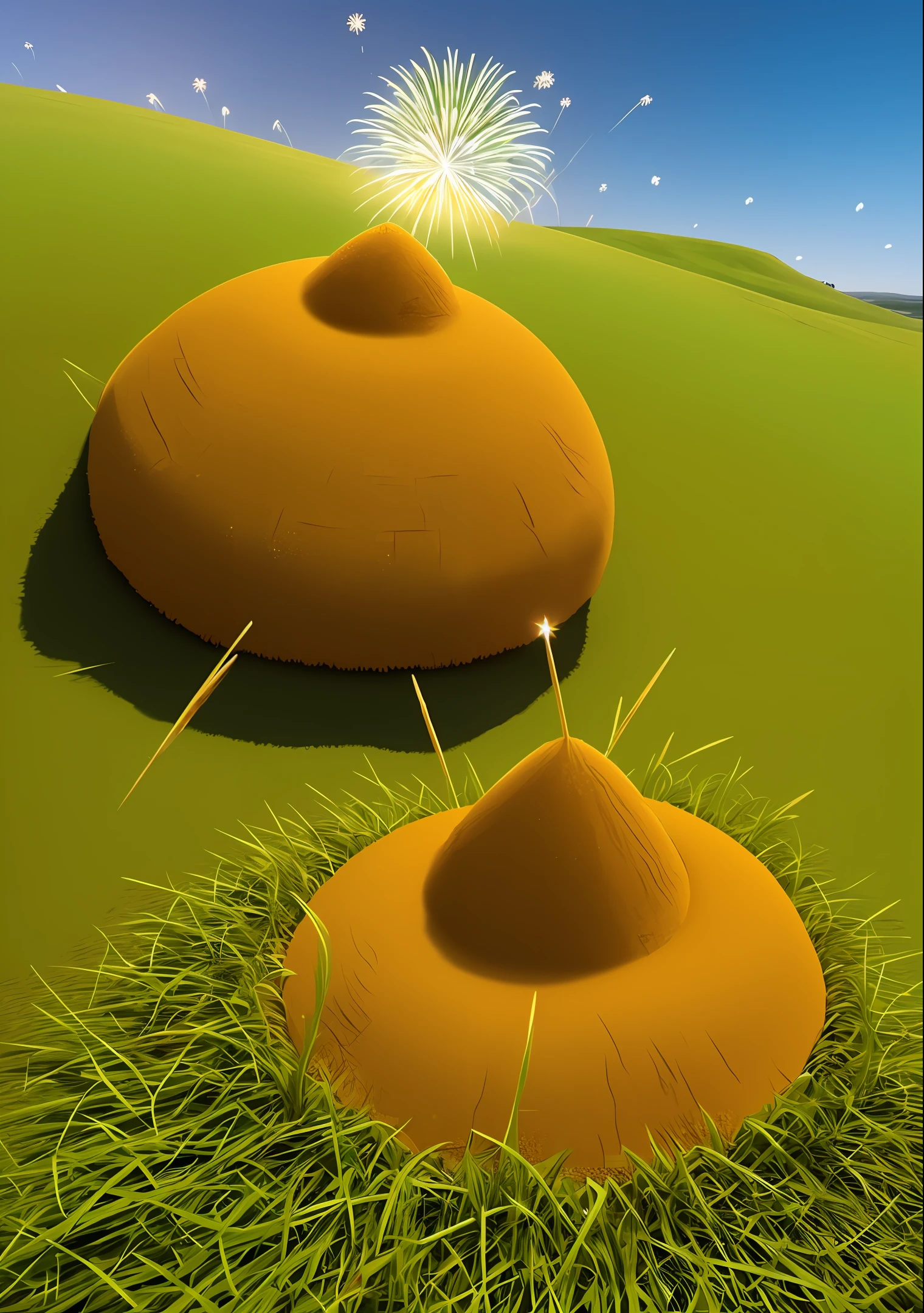 An anthill in the shape of a crown made of sand and grass, there is a green diamond in the center of the crown, accompanied by fireworks, 3d, fantasy-variation -