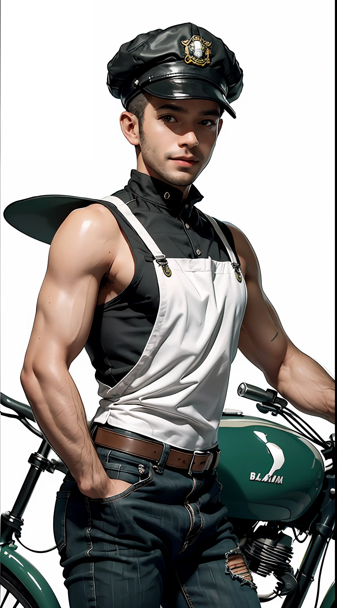 Best quality, realistic, award-winning illustration, (complicated detail: 1.2), (fine detail), (complicated detail), (cinematic lights, best quality), sharp lines, sharp focus, official art, 16k, on a white background, A man with smiling face, Brazilian, wearing cap, cap green color with black, bald hair, wearing jeans posing for a photo, bike wasp model 1970, white background, a playful young boss, Wearing black apron uniform with green, man of amazing body, next to black wasp bike, pronounced masculine feature, flirting with the camera.