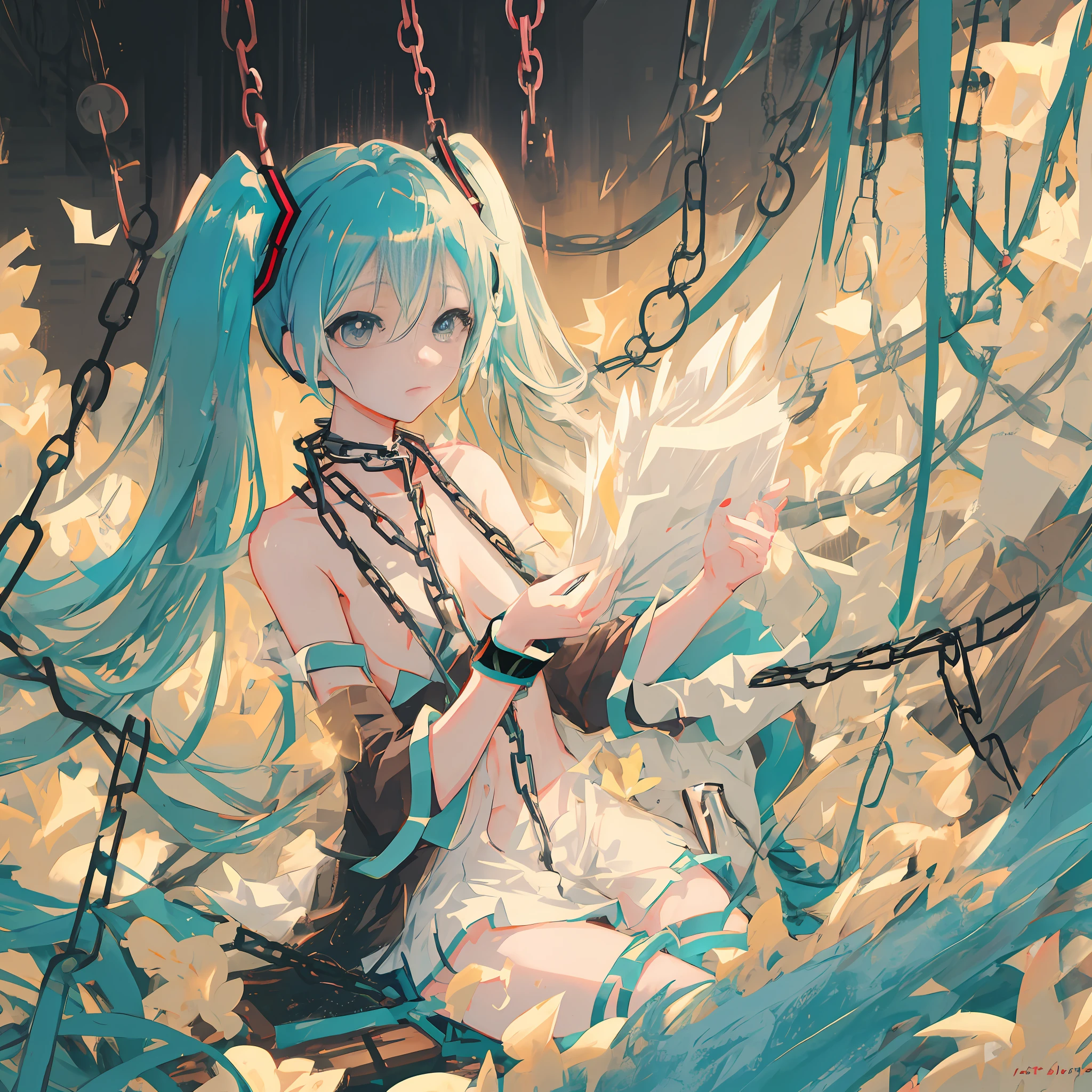 hatsune miku, bare breasts, beautiful eyes, highly detailed face, black eyes, beautiful breasts, no clothes, cinematic lighting, exciting look, medium length hair, chains