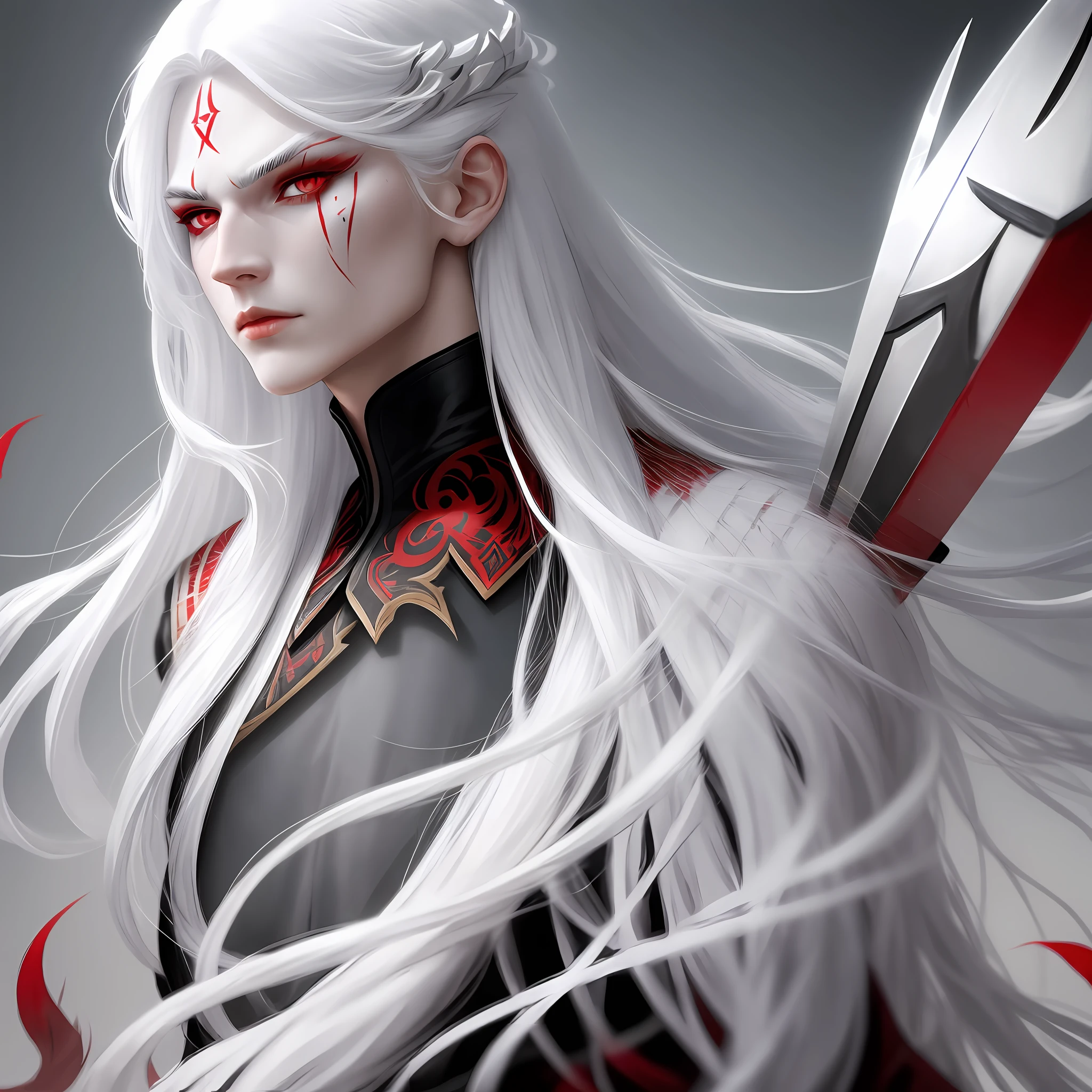 head, long white hair, red eyes, makeup on face, warrior, man, master of swords