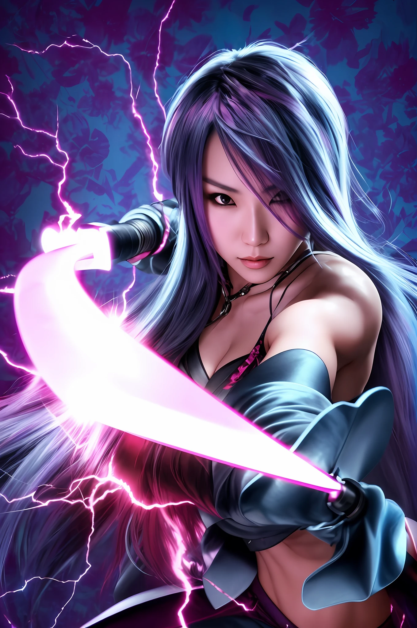 Japanese woman, psyloke, purple hair, power katana.