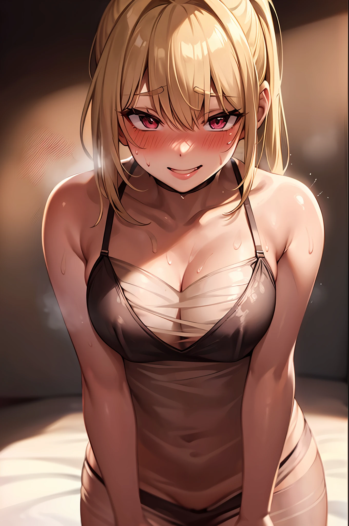 Blonde ponytail, busty, (naked:1.3), (see-through lingerie:1.4), (sweaty:1.4), (blushing face:1.4), smiling, tongue out