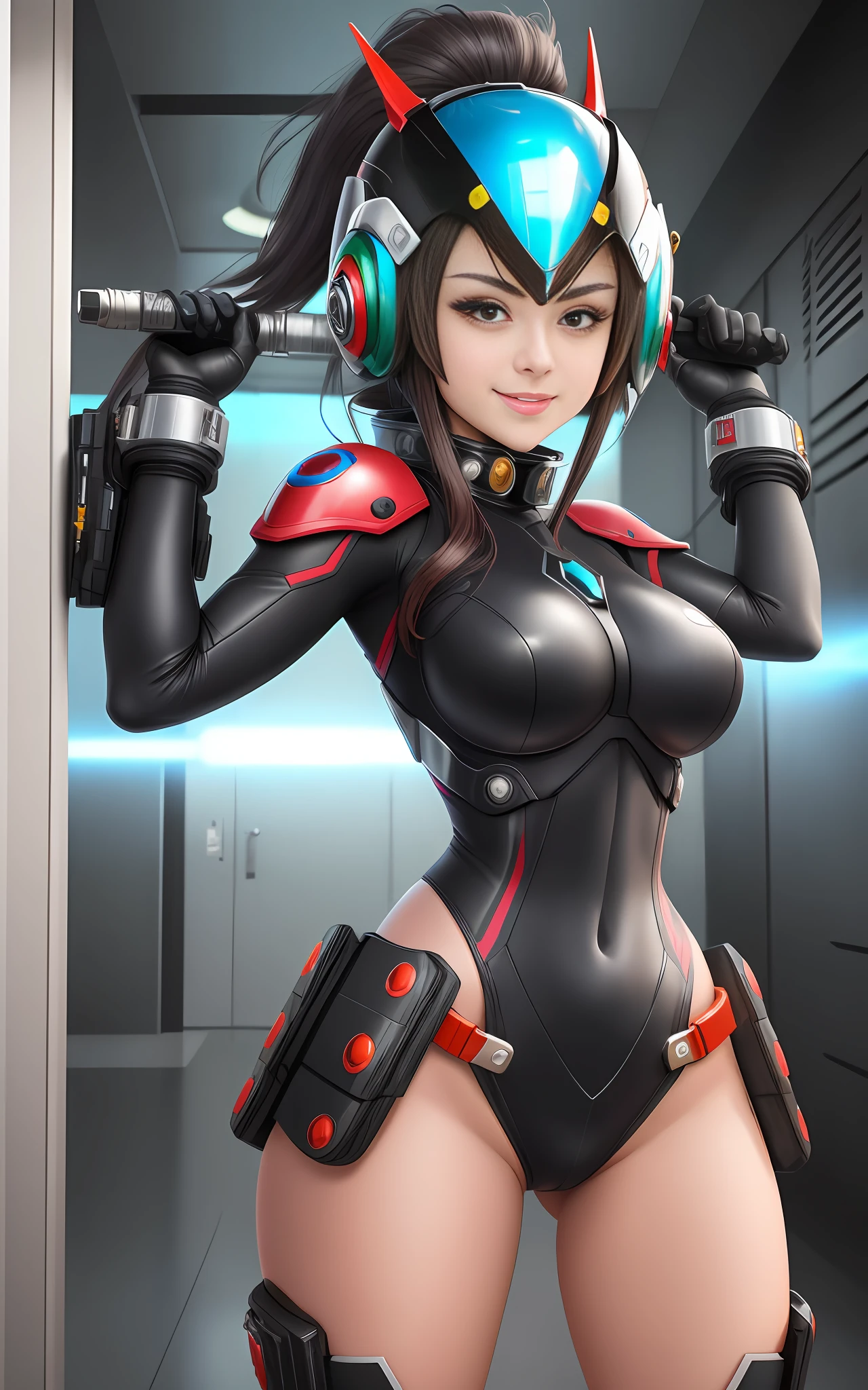 18 year old girl/Kamen Rider/Mega Man-X/upgraded to the extreme/helmet on the head/large breasts/no hair on the head/weapons attached to the body, doing exhibitionist poses, looking at spectator/smiling, inside a 5 star hotel in front of the bathroom entrance, Futuristic Style, max/resolution/detail/sharpness/quality.