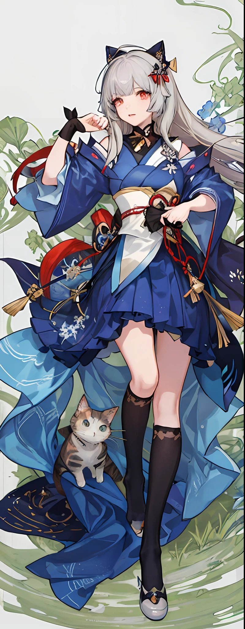 Poster close-up with a girl in a dress, Kokiyo from Genshin Impact, Nakari from Genshin Impact, Kusart Krenz Key Art Feminization, Full Portrait of an Elementalist, Ayaka Genshin Impact, Cat Ears, Cat Feet, Red Pupils, Off-white Hair