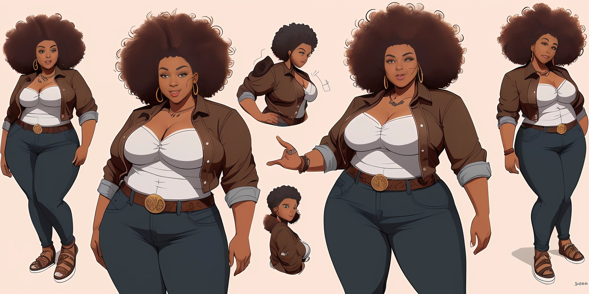 Twist, sketches of an overweight woman, realistic, poor woman, (((face with afro features)))), ((brown skin)), wide hips, wide back, wearing light jeans, ((street art style)), ripped jeans and leather sandals, handmade handbag, handmade earrings, highlighted dark hair, ((curly hair)), localized fat, ((((wide waist)))), (front pose), (side pose), (back pose), high quality character design,  character design art, artstation art, highly detailed character design, comic book drawing concept art, comic art, character design, professional character design, character design concept art, concept art illustration, colorful concept art, character concept art, stylized character design, [character design]