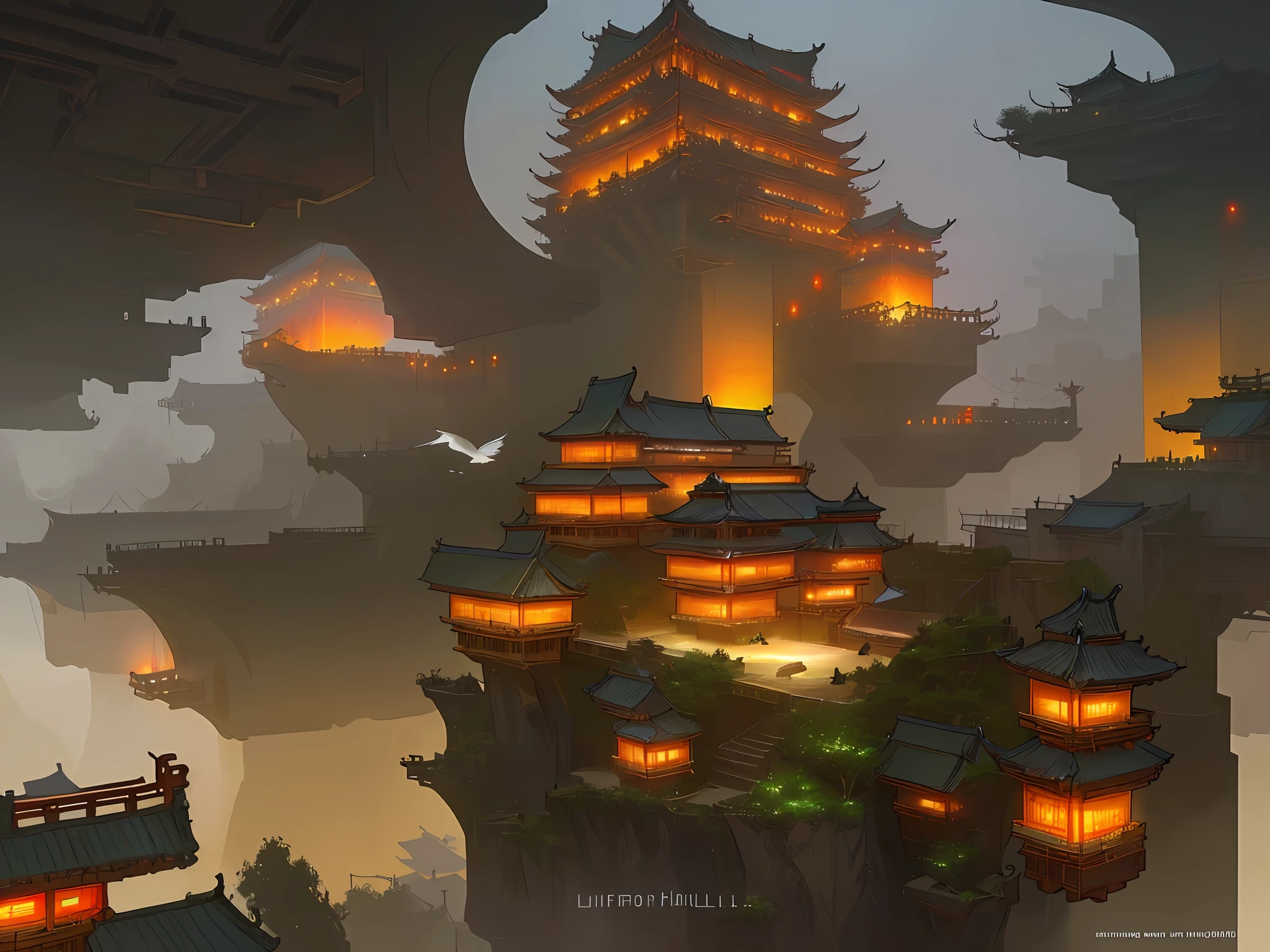 arafed view of a village with a lot of lights on the buildings,Color (Fantasy: 1.2), (cyberpunk chinese ancient castle,), (irregular building floating on the cloud), patchwork cottages, flower decorations, lights, chinese city, (sky city), ross tran, light shafts, realistic lighting, masterpiece, high quality, beautiful graphics, high detail, masterpiece, high quality, beautiful graphics, high detail, --v6, flying birds in the sky, unreal engine 5,Deep Valley in the Middle