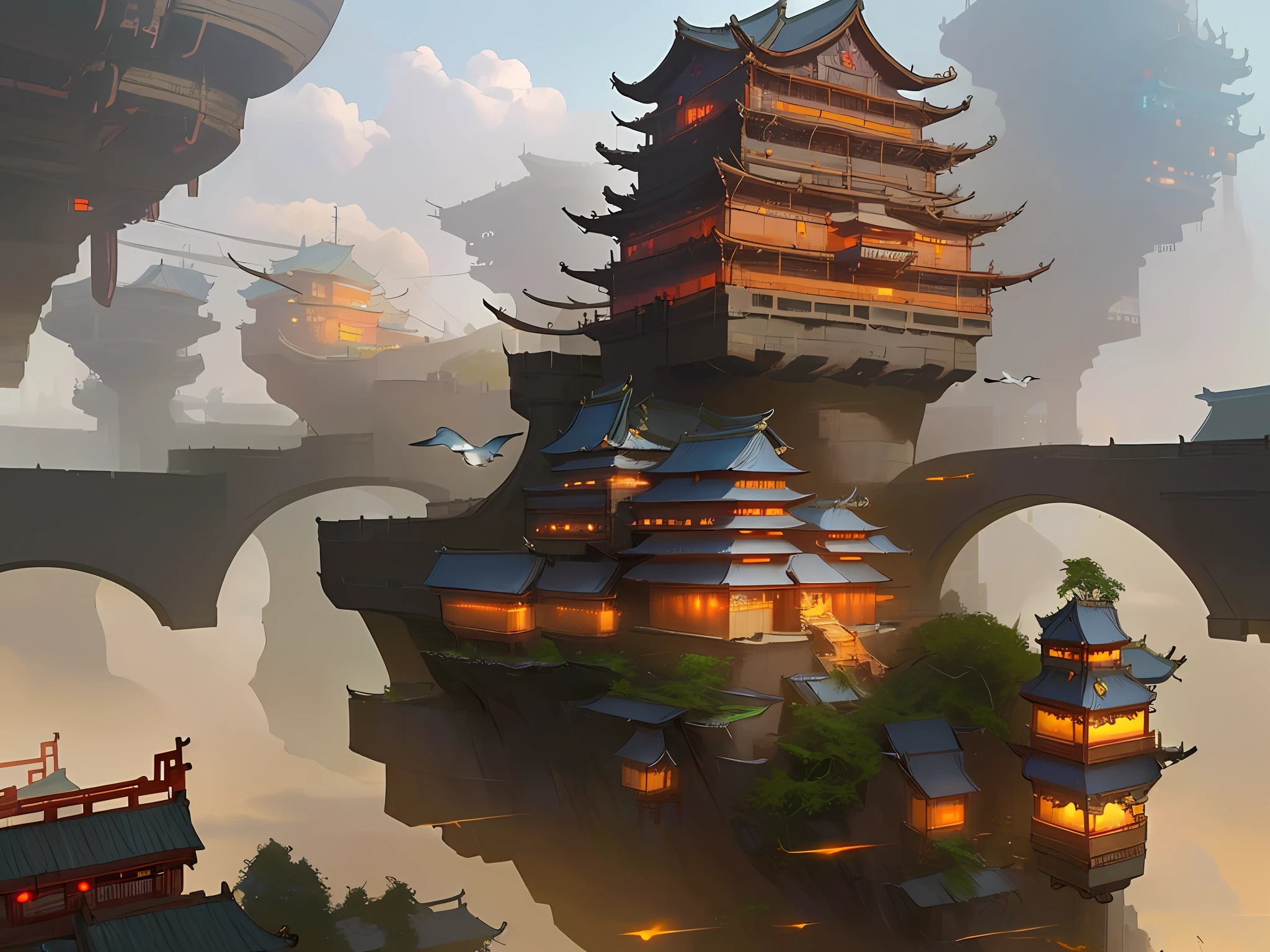 arafed view of a village with a lot of lights on the buildings,Color (Fantasy: 1.2), (cyberpunk chinese ancient castle,), (irregular building floating on the cloud), patchwork cottages, flower decorations, lights, chinese city, (sky city), ross tran, light shafts, realistic lighting, masterpiece, high quality, beautiful graphics, high detail, masterpiece, high quality, beautiful graphics, high detail, --v6, flying birds in the sky, unreal engine 5,Deep Valley in the Middle