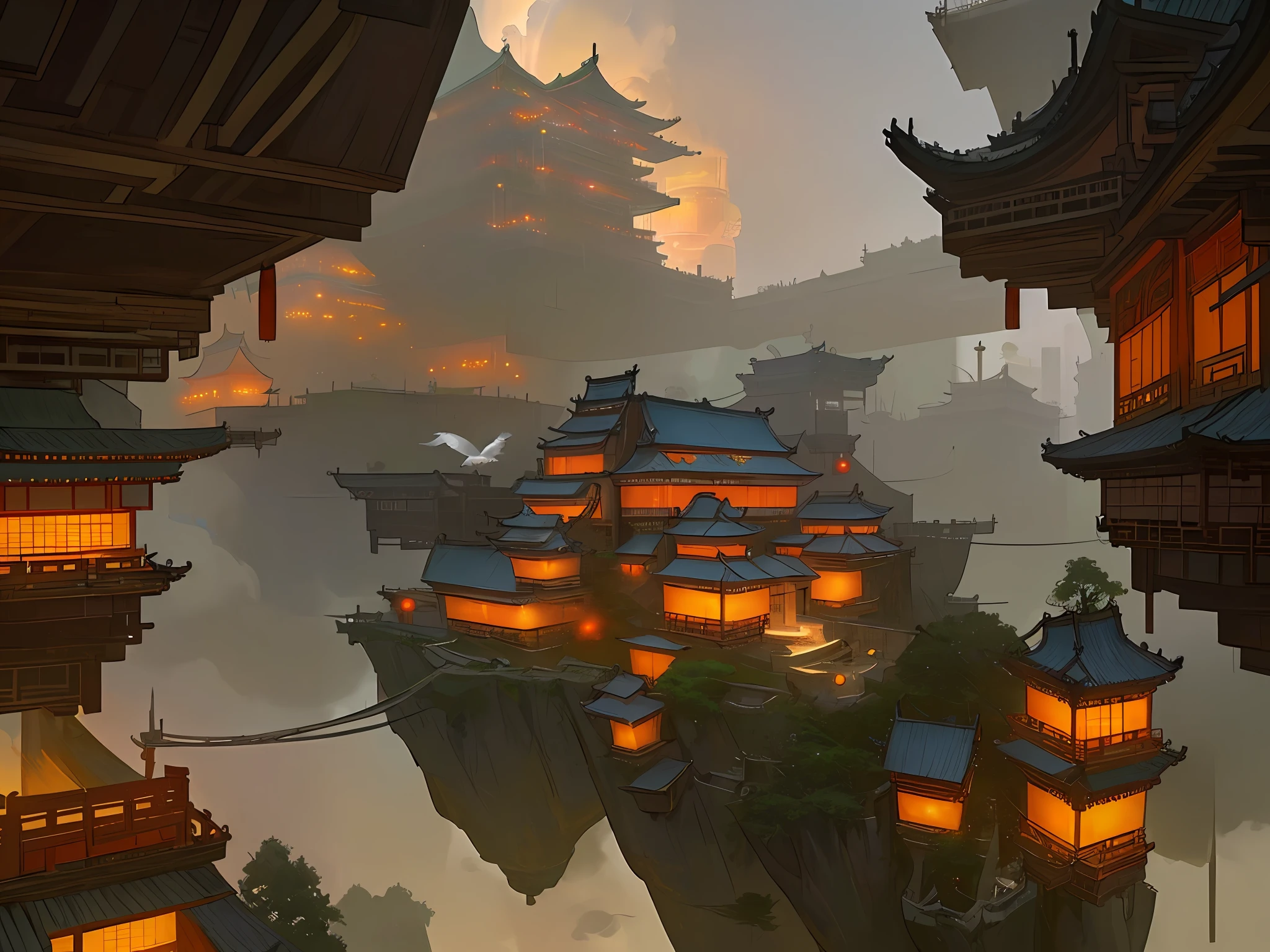 arafed view of a village with a lot of lights on the buildings,Color (Fantasy: 1.2), (cyberpunk chinese ancient castle,), (irregular building floating on the cloud), patchwork cottages, flower decorations, lights, chinese city, (sky city), ross tran, light shafts, realistic lighting, masterpiece, high quality, beautiful graphics, high detail, masterpiece, high quality, beautiful graphics, high detail, --v6, flying birds in the sky, unreal engine 5,Deep Valley in the Middle