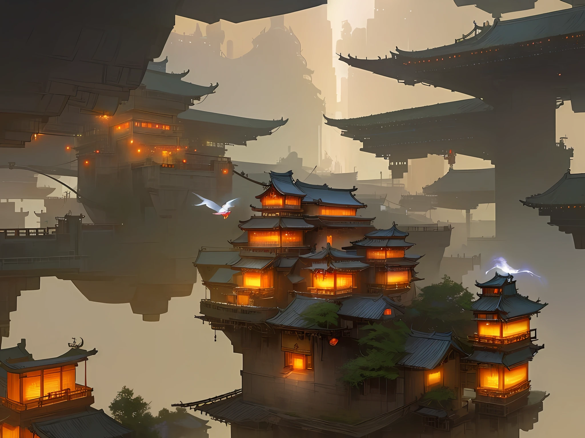 arafed view of a village with a lot of lights on the buildings,Color (Fantasy: 1.2), (cyberpunk chinese ancient castle,), (irregular building floating on the cloud), patchwork cottages, flower decorations, lights, chinese city, (sky city), ross tran, light shafts, realistic lighting, masterpiece, high quality, beautiful graphics, high detail, masterpiece, high quality, beautiful graphics, high detail, --v6, flying birds in the sky, unreal engine 5,Deep Valley in the Middle
