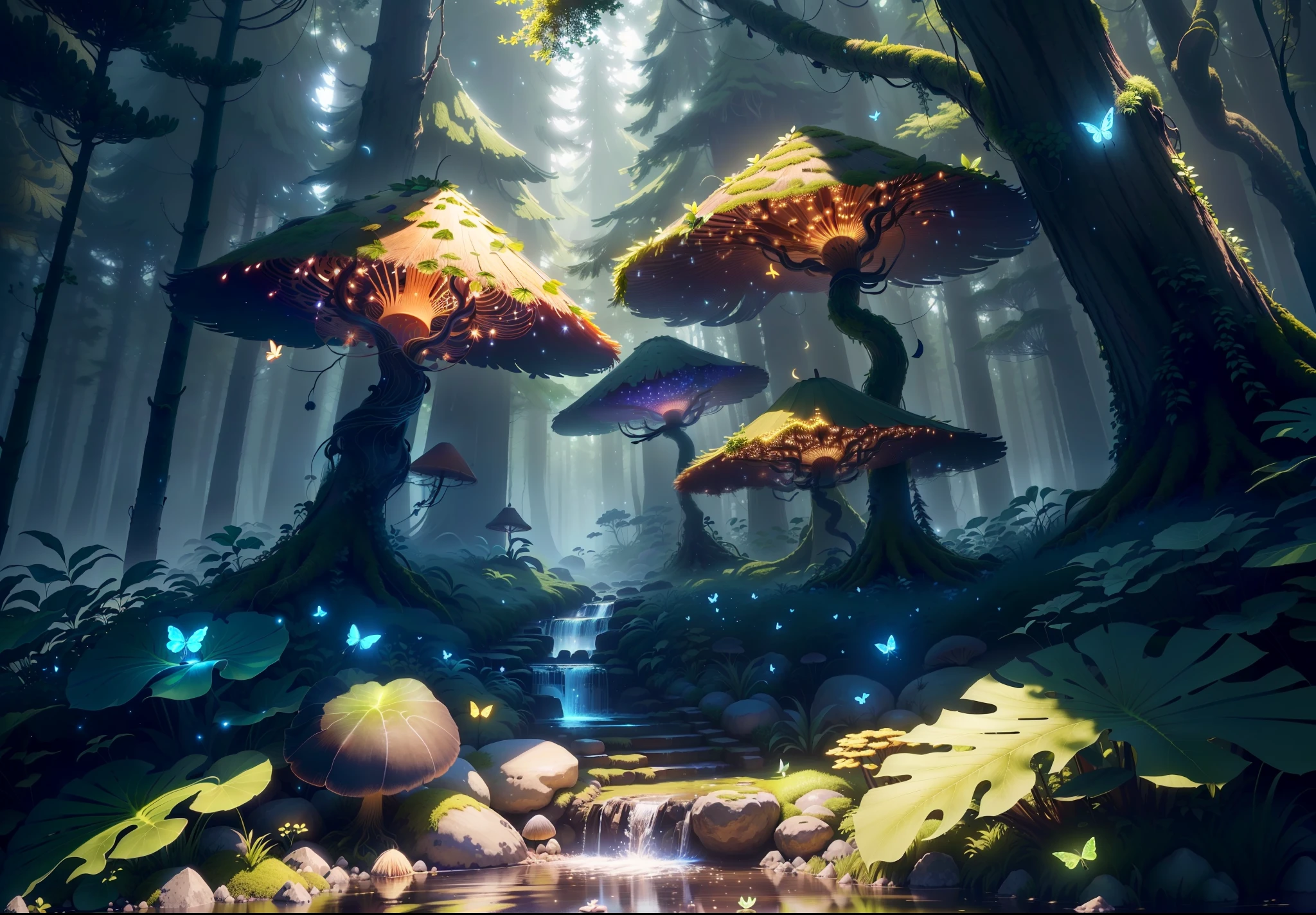 Masterpiece, best quality, (very detailed CG unity 8k wallpapers), (best quality), (best illustrations), (best shadows), forest theme with natural elements. Tall trees, quiet streams, glowing little mushrooms, surrounded by delicate leaves and branches, with fireflies and glowing particle effects,, (natural elements), (jungle theme), (leaves), (branches), ( fireflies), butterflies, (delicate leaves), (glow), (particle effects). , isometric 3D, Octane rendering, ray tracing, super detailed