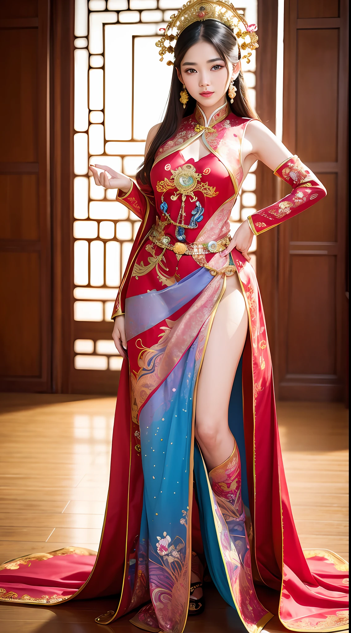 (8k, RAW photo, best quality, masterpiece:1.2), (realistic, photo-realistic:1.37),1girl,araffe woman in a colorful dress and headdress posing for a picture, ornate cosplay, beautiful costume, intricate fantasy dress, a beautiful fantasy empress, chinese dress, intricate dress, intricate outfit, traditional beauty, gorgeous chinese model, chinese costume, inspired by Lan Ying, wearing an ornate outfit, traditional tai costume, inspired by Pu Hua, wearing an elegant tribal outfit