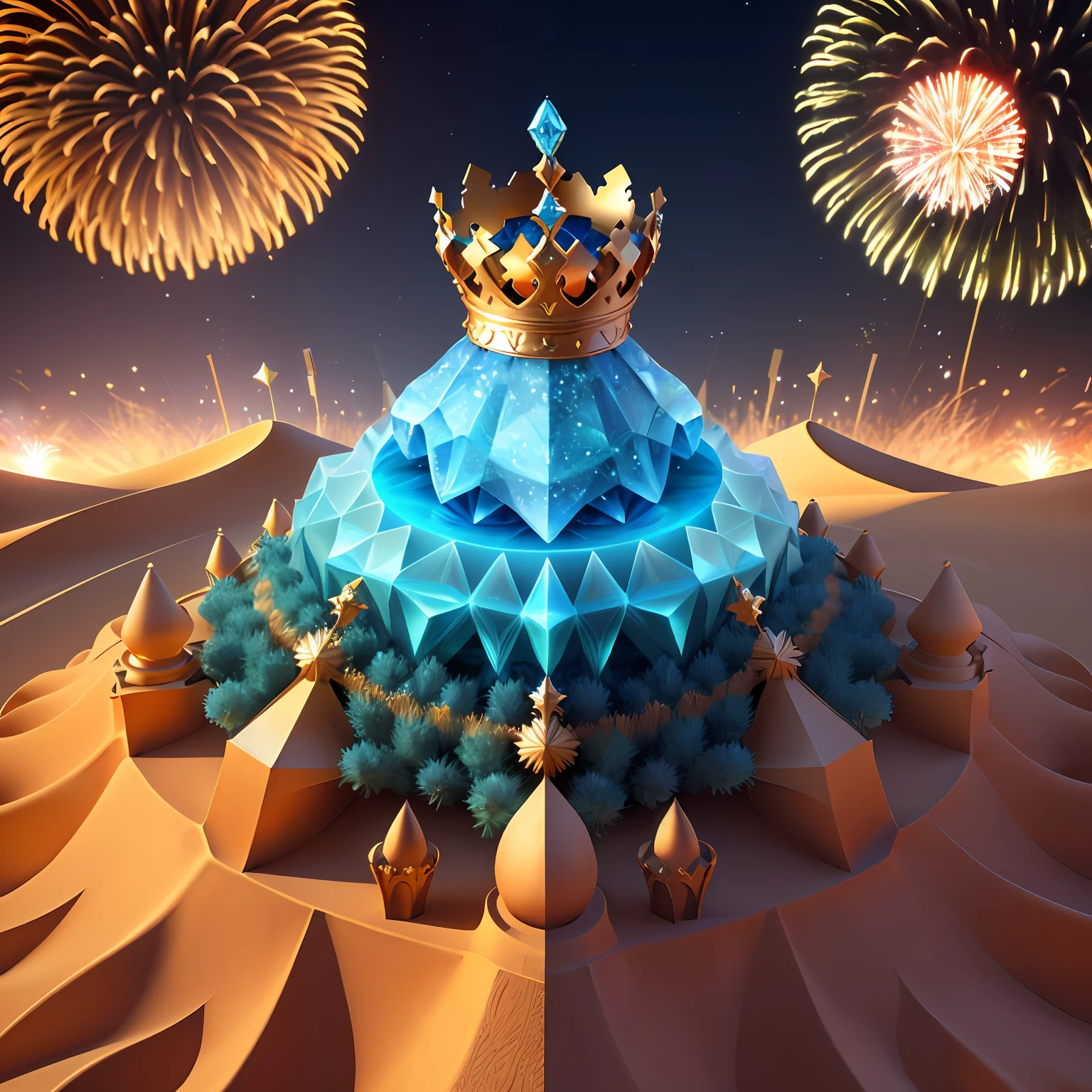 An anthill in the shape of a crown made of sand and grass, there is a blue diamond in the center of the crown, accompanied by fireworks, 3d, fantasy-variation