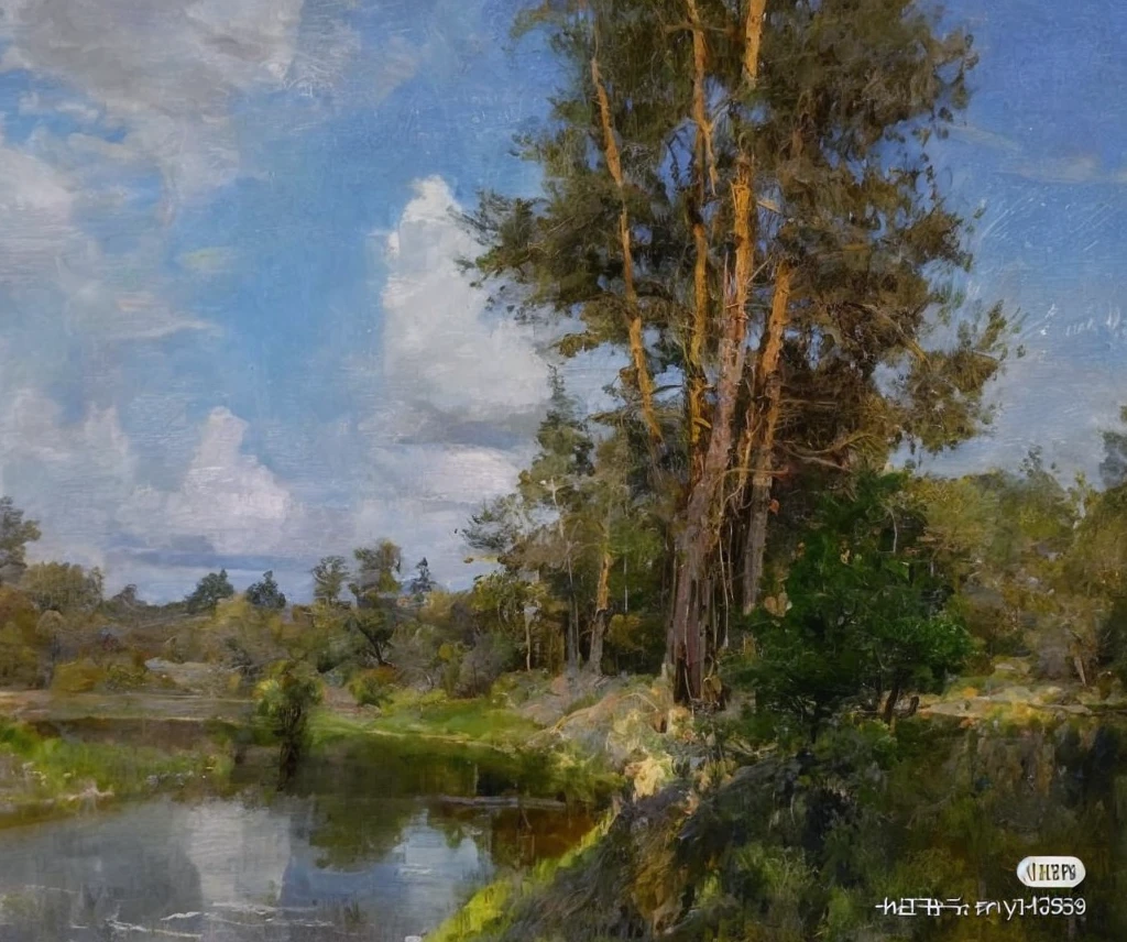 painting of a river with trees and a sky in the background, inspired by Ivan Shishkin, inspired by Fyodor Vasilyev, by Fyodor Rokotov, inspired by Alexei Kondratyevich Savrasov, inspired by Isaac Levitan, inspired by Konstantin Vasilyev, by Yang J, russian landscape