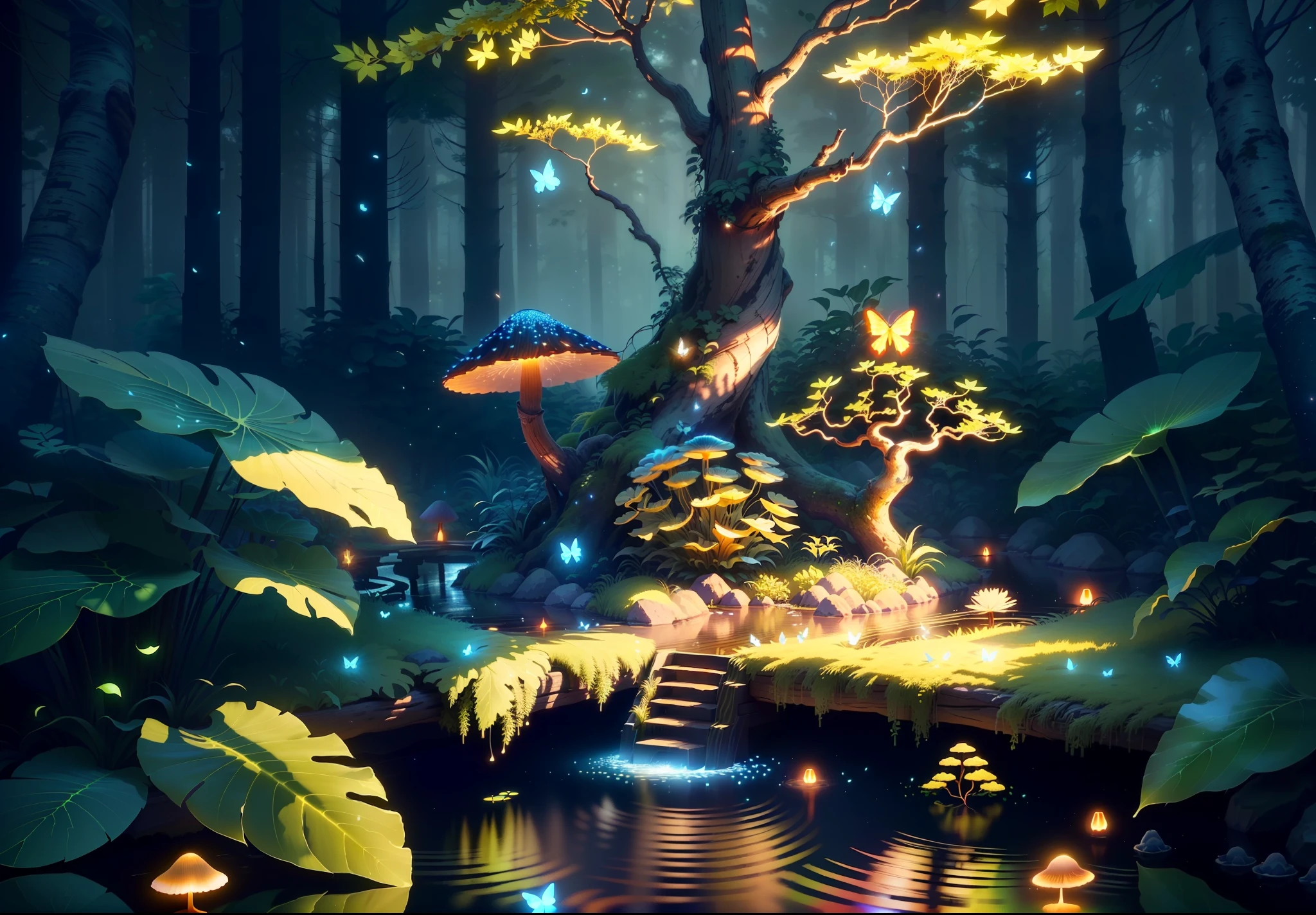 Masterpiece, best quality, (very detailed CG unity 8k wallpapers), (best quality), (best illustrations), (best shadows), forest theme with natural elements. Tall trees, quiet streams, glowing little mushrooms, surrounded by delicate leaves and branches, with fireflies and glowing particle effects,, (natural elements), (jungle theme), (leaves), (branches), ( fireflies), butterflies, (delicate leaves), (glow), (particle effects). , isometric 3D, Octane rendering, ray tracing, super detailed