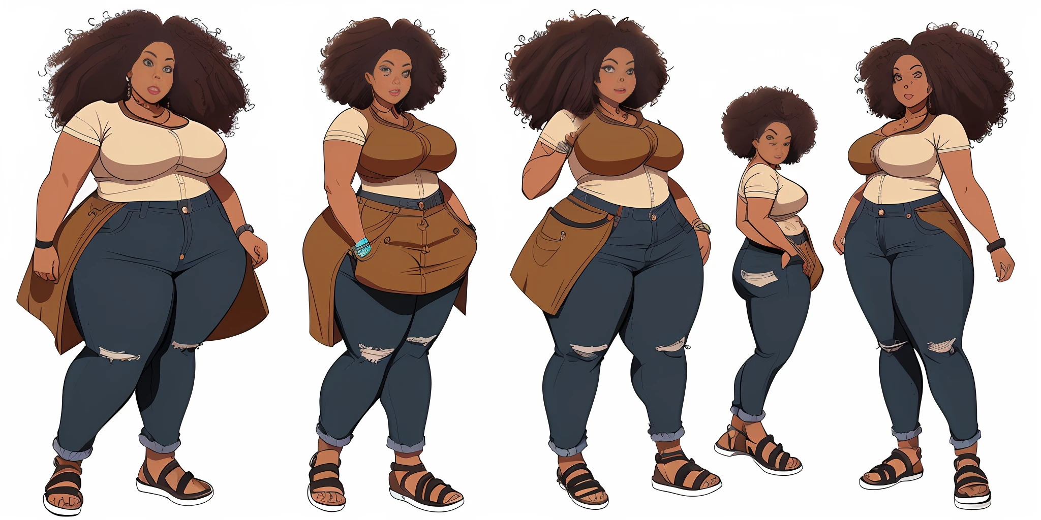 Twist, sketches of an overweight woman, realistic, poor woman, (((face with afro features)))), ((brown skin)), wide hips, wide back, wearing light jeans, ((street art style)), ripped jeans and leather sandals, handmade handbag, handmade earrings, highlighted dark hair, ((curly hair)), localized fat, ((((wide waist)))), (front pose), (side pose), (back pose), high quality character design,  character design art, artstation art, highly detailed character design, comic book drawing concept art, comic art, character design, professional character design, character design concept art, concept art illustration, colorful concept art, character concept art, stylized character design, [character design]