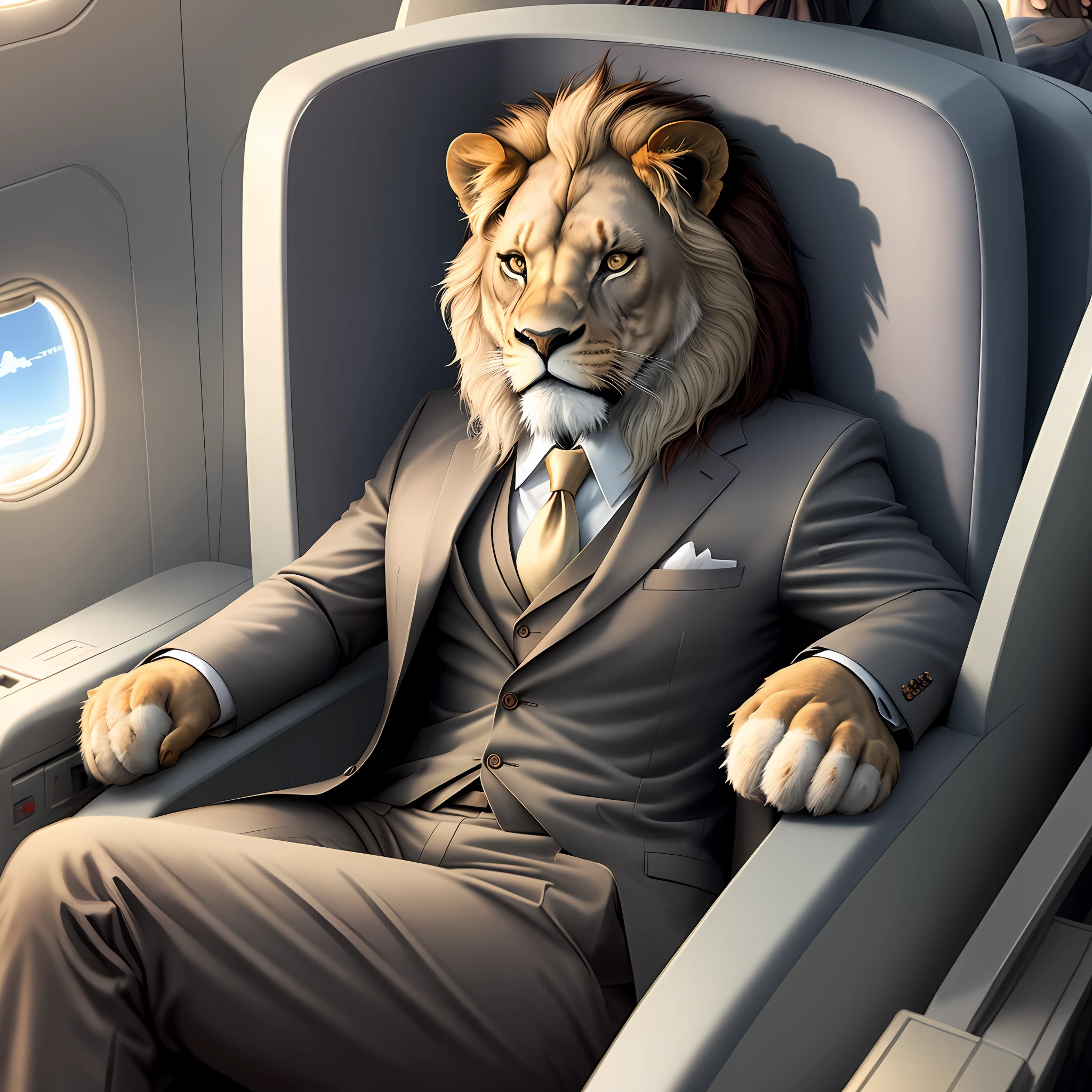 A realistic lion wearing a suit, sitting in the chair of an airplane