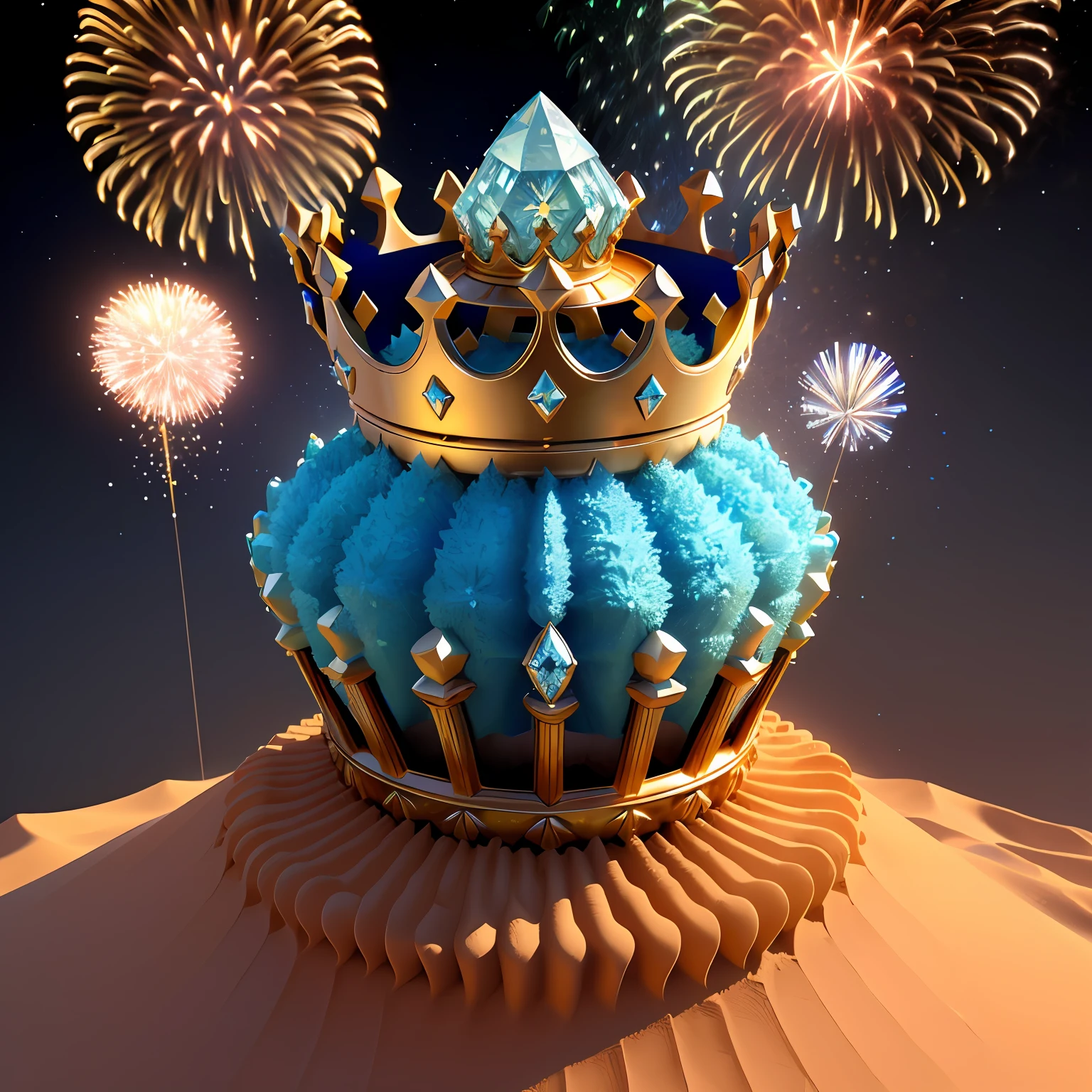 An anthill in the shape of a crown made of sand and grass, there is a blue diamond in the center of the crown, accompanied by fireworks, 3d, fantasy-variation
