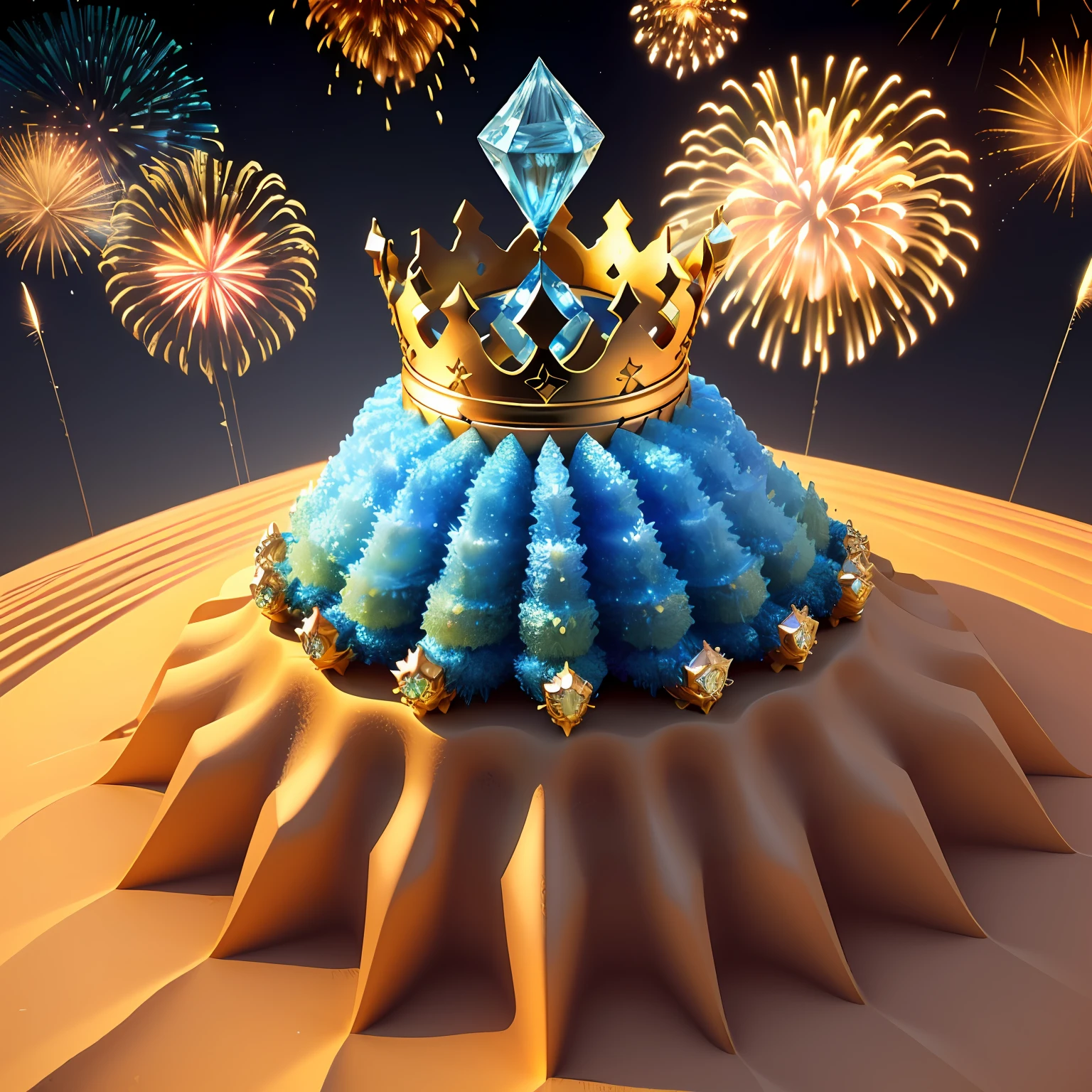 An anthill in the shape of a crown made of sand and grass, there is a blue diamond in the center of the crown, accompanied by fireworks, 3d, fantasy-variation