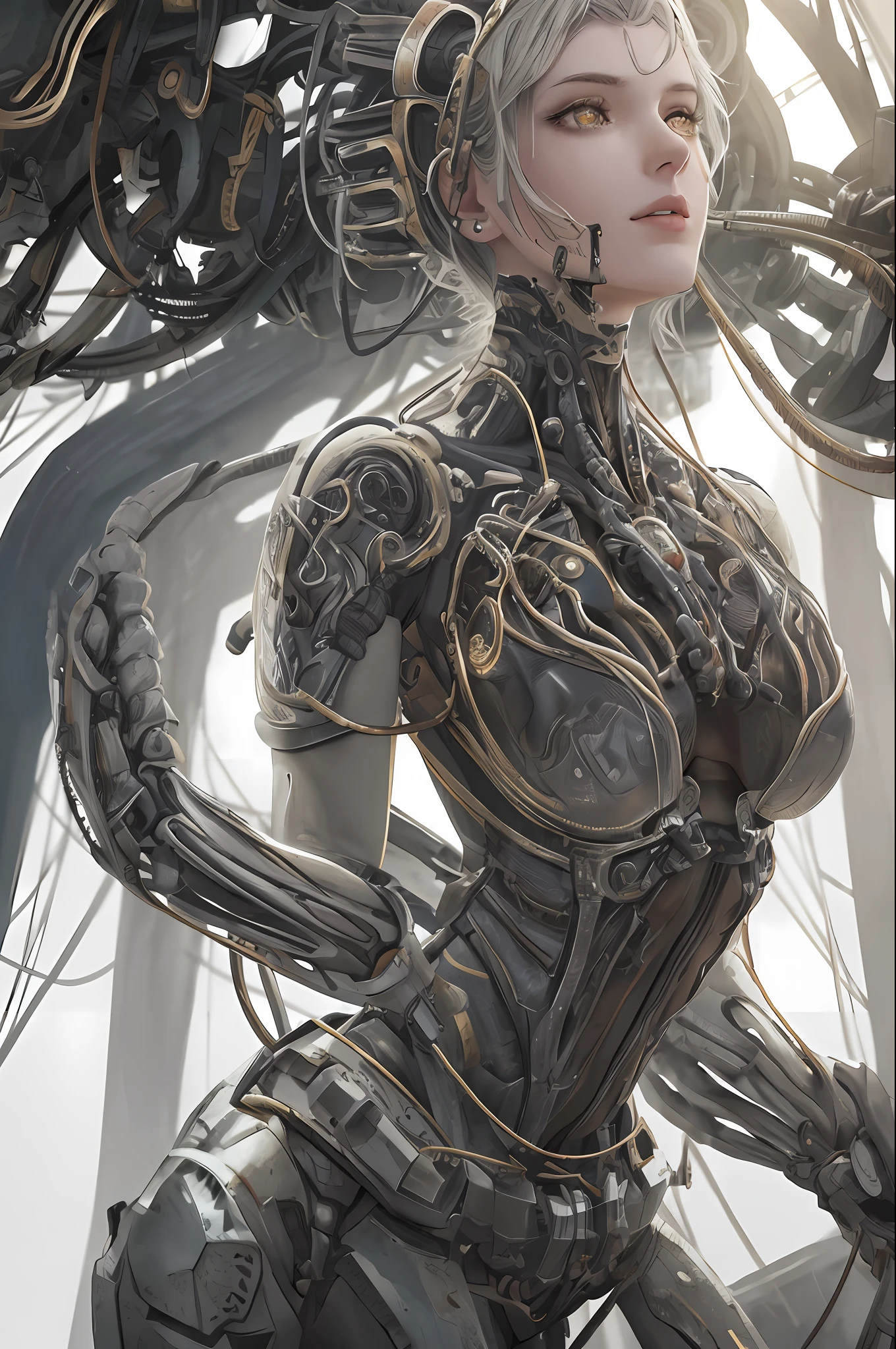 1mechanical girl,((ultra realistic details)), portrait, global illumination, shadows, octane render, 8k, ultra sharp,metal,intricate, ornaments detailed, cold colors, egypician detail, highly intricate details, realistic light, trending on cgsociety, glowing eyes, facing camera, neon details, machanical limbs,blood vessels connected to tubes,mechanical vertebra attaching to back,mechanical cervial attaching to neck,sitting,wires and cables connecting to head