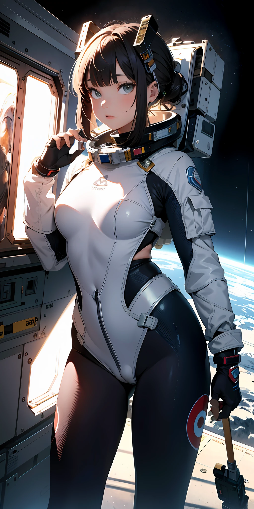 Absurd resolution, high resolution, (masterpiece:1.4), ultra-detailed, 1girl, in spacesuit and seen from above, space, floating, wide-angle lens distortion