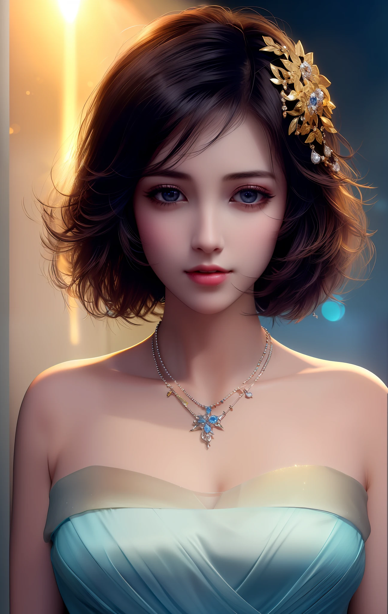 ((best quality, masterpiece, high resolution)), (8K UHD, high quality, volumetric light, duotone lighting, edge lighting), (1girl), (dark studio, high detail skin: 1.2, high resolution :(4K, 8K), DSLR, soft light), ((shoulder-length short hair, half face, backlight, transparent), (porcelain dress, hair accessories, necklace, jewelry, beautiful face, body, Tyndall effect )),(Bokeh),,Photo)