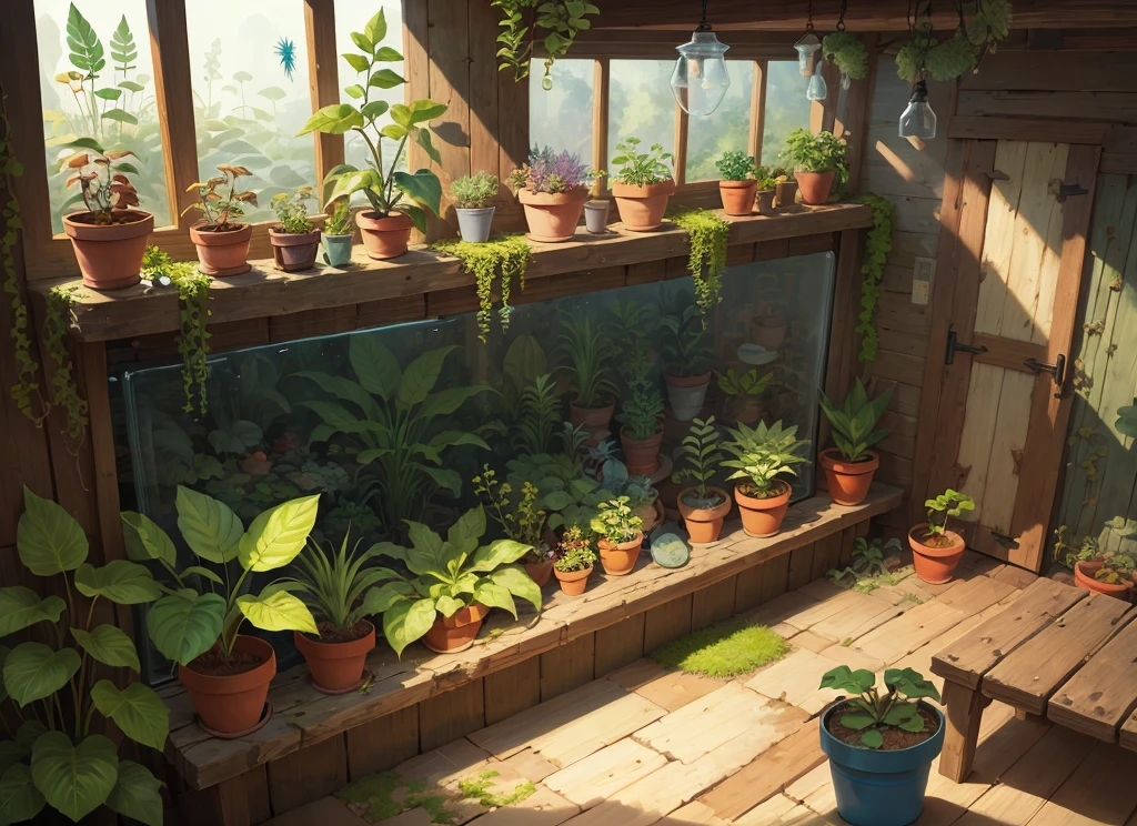 masterpiece, best quality, Song of the Sea,
(Plant sheds:1.3), plants, piranhas, ferns, water pipes, indoor, glass,
Cartoon, texture, 2d illustration,