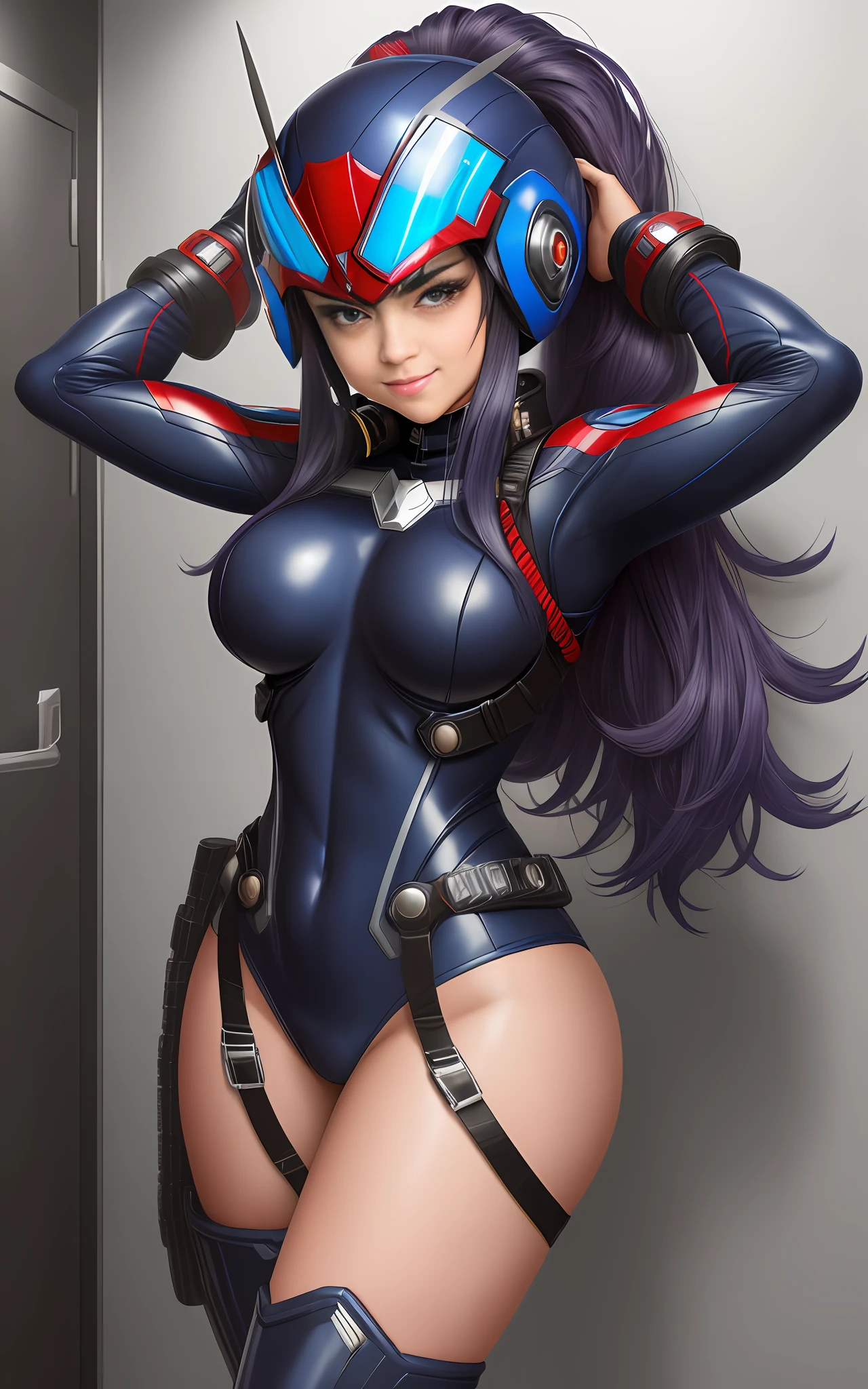 ((18-year-old girl/Kamen Rider/Mega Man-X/Spider-Man/helmet on his head hiding his hair/very large breasts/weapons attached to his uniform, striking exhibitionist poses)), looking at spectator/smiling, inside a bathroom of a 5-star hotel in the shower showering, body all wet, uniform all wet, Futuristic Style, max/resolution/detail/sharpness/quality.