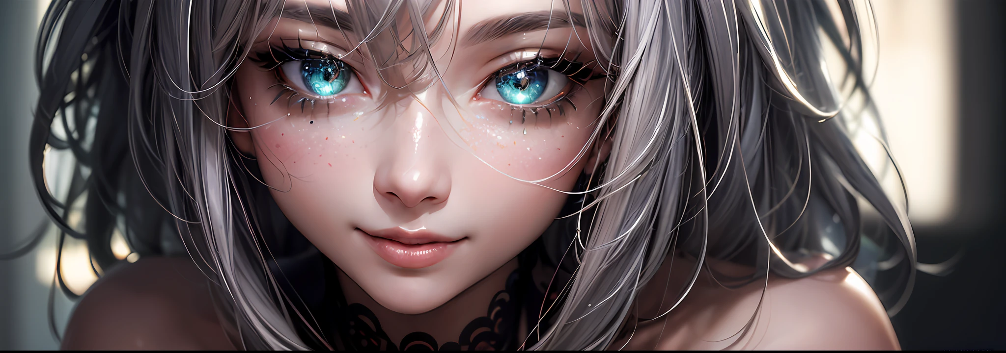 (Masterpiece, Best Quality: 1.2), Gray Hair, Messy Hair, Expressive Hair, Sparkling Eyes, Seductive Smile, Concept Art, Glowism, Film Lighting, Glitter, Ray Tracing, Depth of Field, Face Close-Up, Exaggerated Perspective, 1girl, Solo, Digital Art, Intricate Details, Delicate Patterns, Film Lighting, Professional Artwork, Mysterious