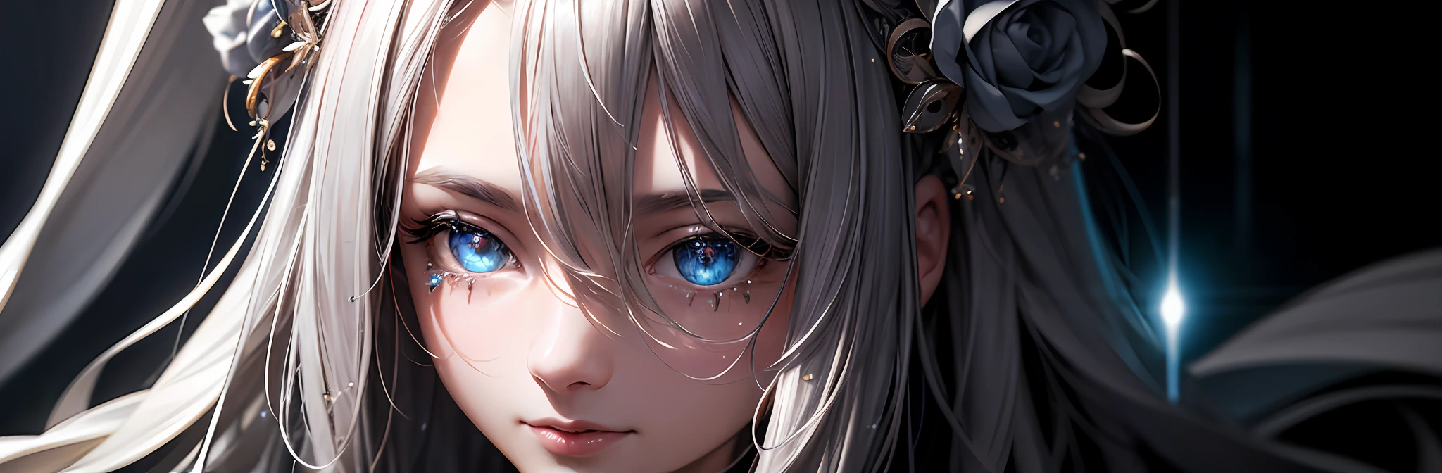 (Masterpiece, Best Quality: 1.2), Gray Hair, Messy Hair, Expressive Hair, Sparkling Eyes, (Only Two Eyes) Concept Art, Glowism, Film Lighting, Glitter, Flash Tracing, Depth of Field, Face Close-up, 1girl, Solo, Digital Art, Intricate Details, Delicate Patterns, Film Lighting, Professional Artwork, Mysterious, Cinematic Vision, Motion Blur