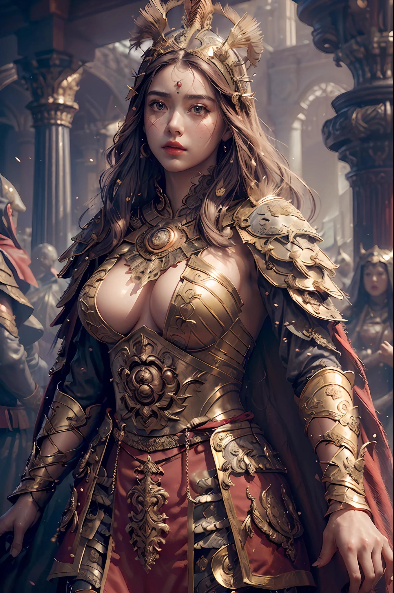 ((masterpiece))), (((best quality))), ((ultra-detailed)), (hyperrealistic), (highly detailed CG illustration), cinematic light, photorealistic ,extremely beautiful young lady, (beautiful face and lips), light makeup, big breast,  intricate detailed eaba, red cape, spear, trending on artstation.