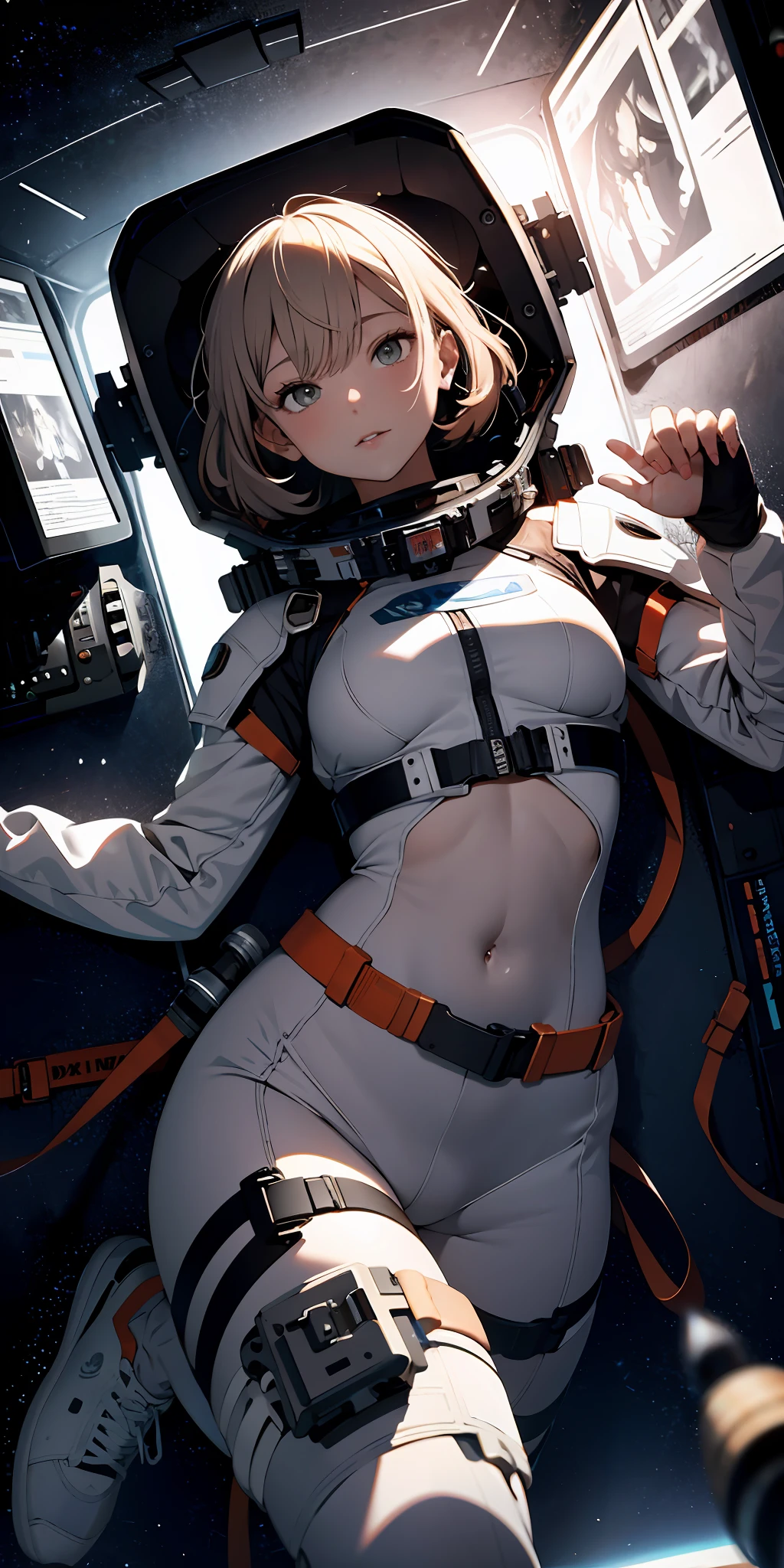 Absurd resolution, high resolution, (masterpiece:1.4), ultra-detailed, 1girl, in a spacesuit, seen from above, space, floating, satellite, outer space operation, wide-angle lens distortion