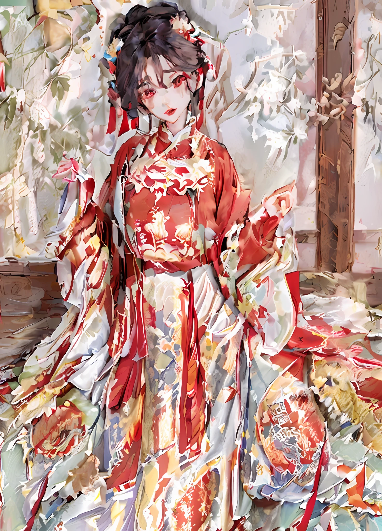 1 girl, upper body, French girl, Chinese dress, Chinese clothes, hair flower, (masterpiece: 1.4), (best quality: 1.4) (shiny skin), red lips, looking at the audience, huge breasts, red hair, cat ears