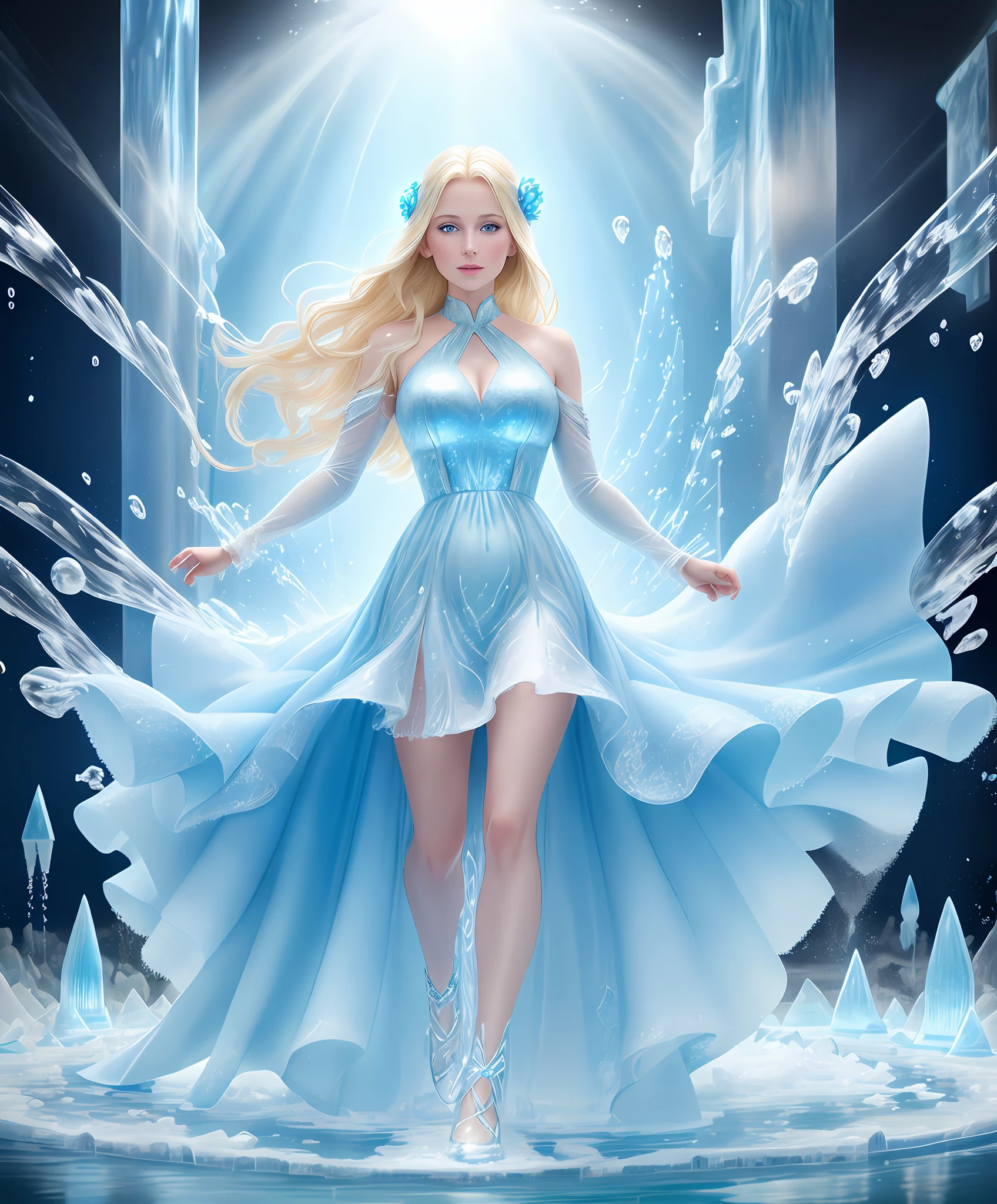 A beautiful blonde woman wearing long light blue dress, blue eyes, water splashes, background with ice sculptures, bright colored lights, realistic, ultrarealistic, hyper-detailed magazine photo, full body
