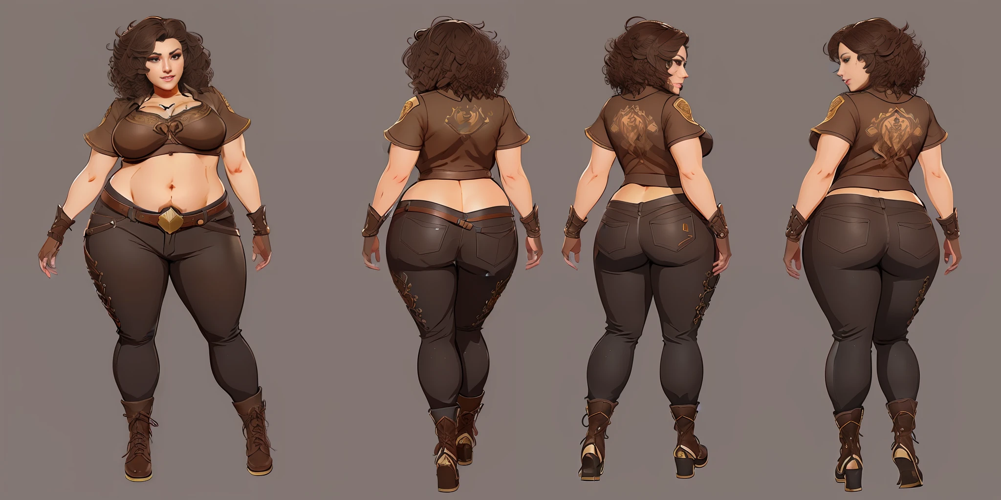 a close up of a woman in a brown shirt and black pants, highly detailed character design, detailed full body concept, detailed full body concept art, detailed character art, unrealistic character concept, realistic character concept, highly detailed character, character concept reference art, full body character concept art, realistic character concept art, full body character concept, detailed character design