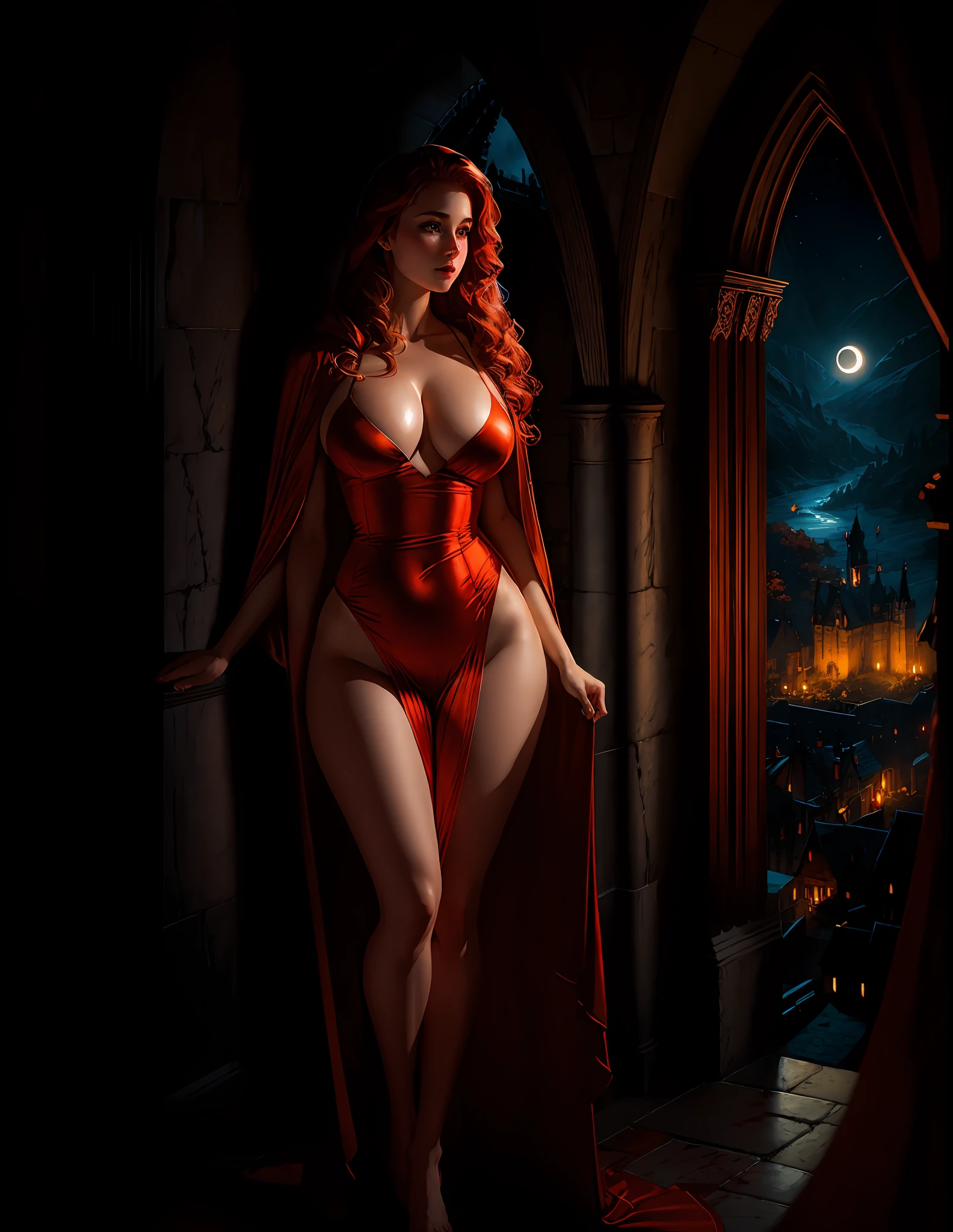 masterpiece, highest quality, solo focus, (perfect face: 1.1), (high detail: 1.1), dramatic and dynamic pose, 1 girl, breasts, blond hair, blue eyes, solo, cleavage, long hair, curves, big breasts, see -through, blood red dress, thighs, navel covered, bare shoulders, wide hips, thick thighs, lips, covered, bathrobe, pelvic curtain, castle, night,  moon, detailed background, art by artgerm and greg rutkowski, cinematic lighting, vampire, catlevania, red hair, medium shot, light ray, thong, cameltoe, tight small