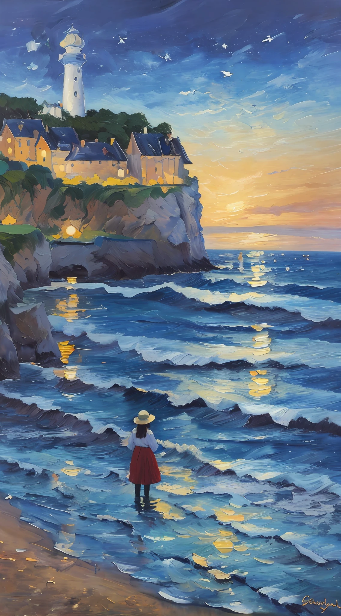 (extremely detailed oil painting, masterpiece),oil painting style by Eugène Monet, Expressionism, (1person from the back),contemplating the sunset, feet on the water, (emotional:1.3),(wide shot),_WATERCOLOR_,full of color.