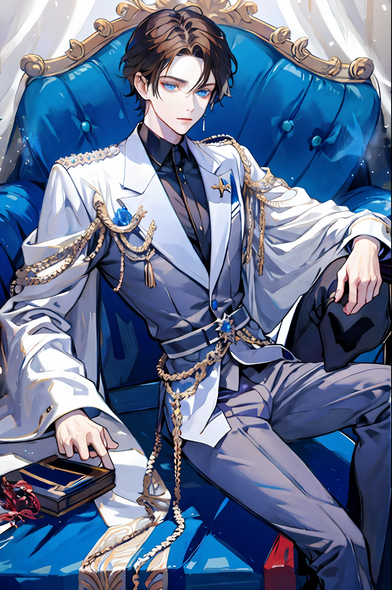 Brunette blue eyes male royal elegant bad boy high quality highly detailed, elegant sitting posture.